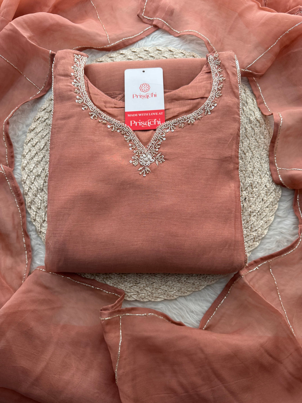 Peach A-Line Embroidered Ethnic Kurta Set for Women with Pants & Dupatta