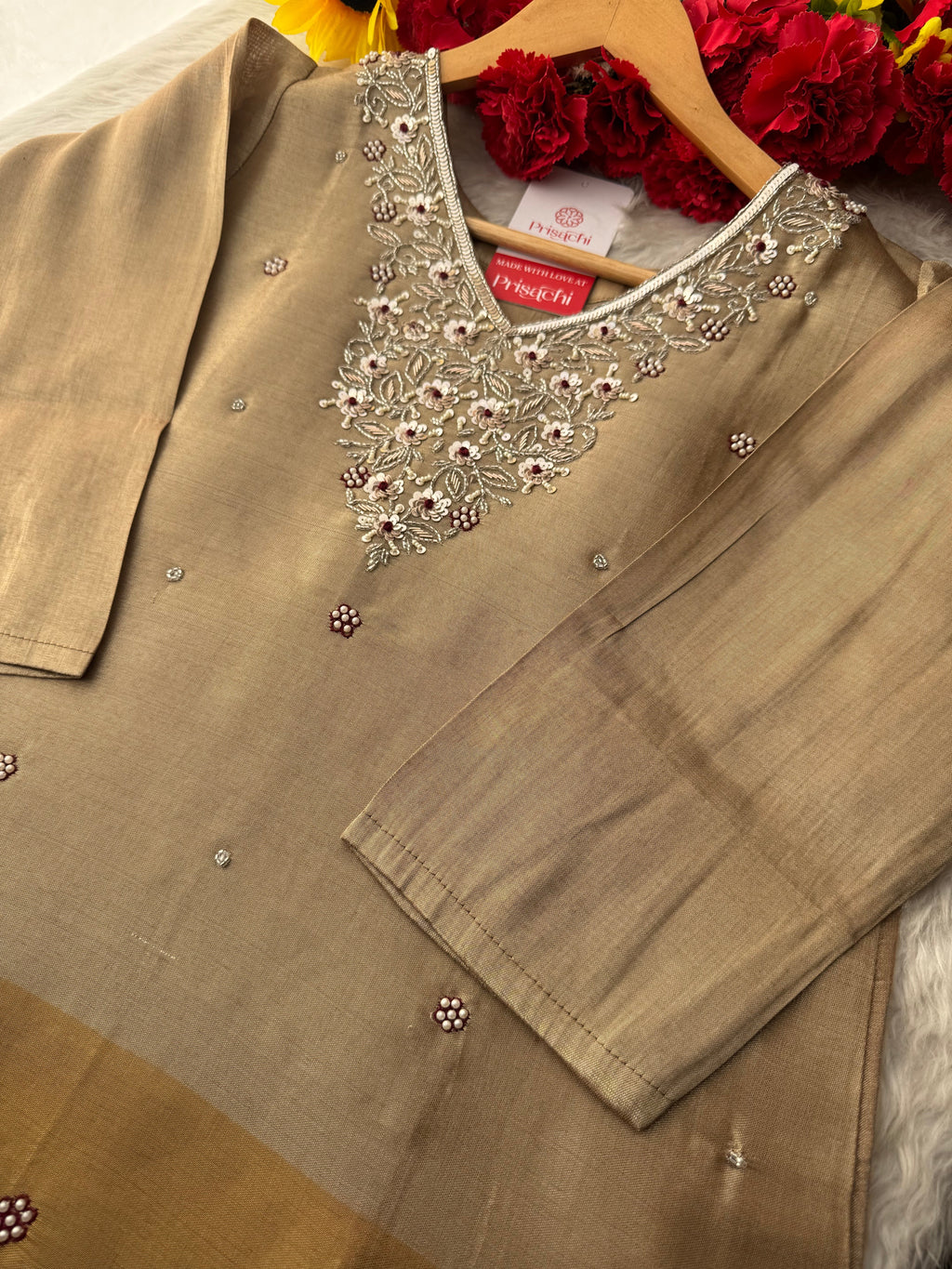 Designer Dual Tone Beige Gold & Metallic Gold Kurta Set with Embroidery, Pants & Dupatta