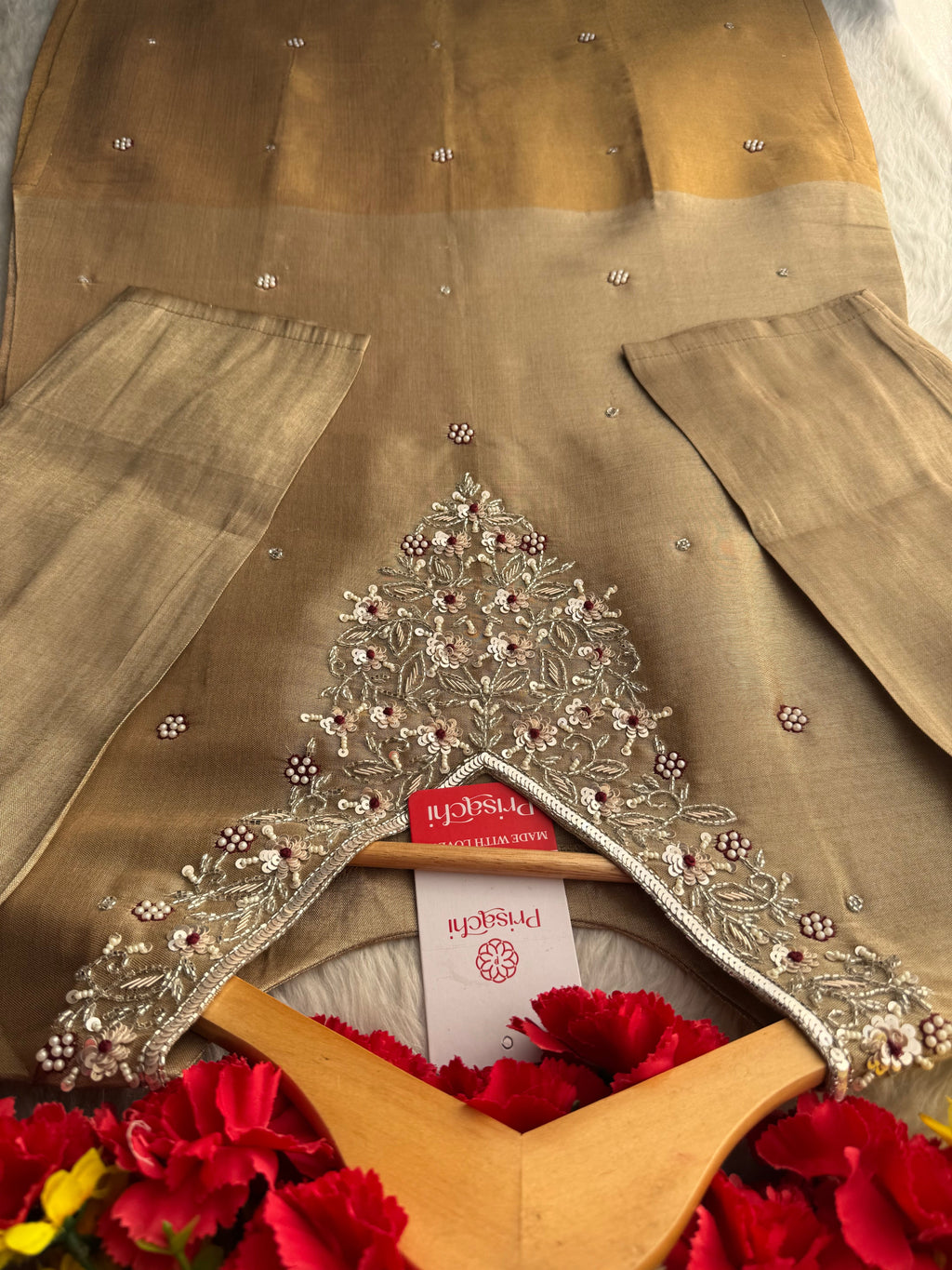 Designer Dual Tone Beige Gold & Metallic Gold Kurta Set with Embroidery, Pants & Dupatta