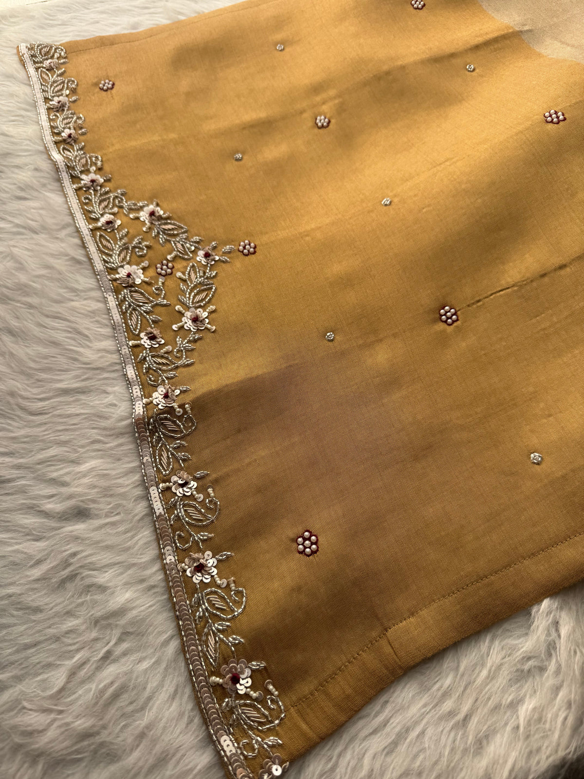 Designer Dual Tone Beige Gold & Metallic Gold Kurta Set with Embroidery, Pants & Dupatta