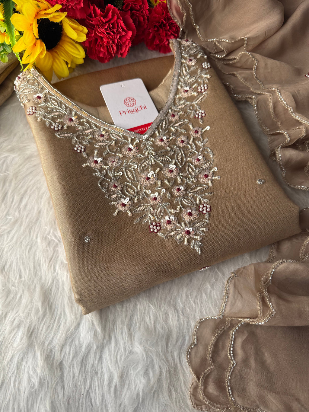 Designer Dual Tone Beige Gold & Metallic Gold Kurta Set with Embroidery, Pants & Dupatta