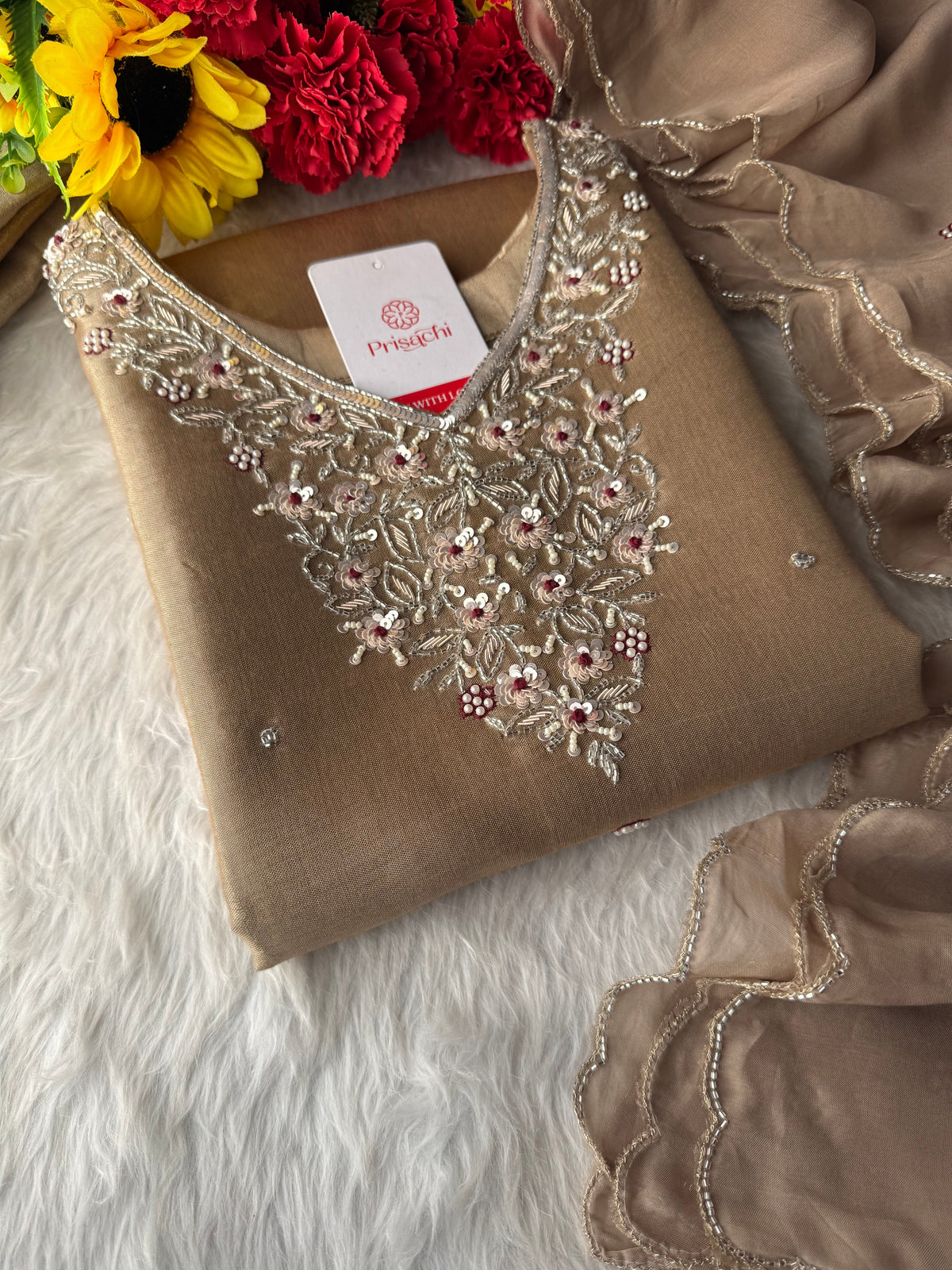 Designer Dual Tone Beige Gold & Metallic Gold Kurta Set with Embroidery, Pants & Dupatta