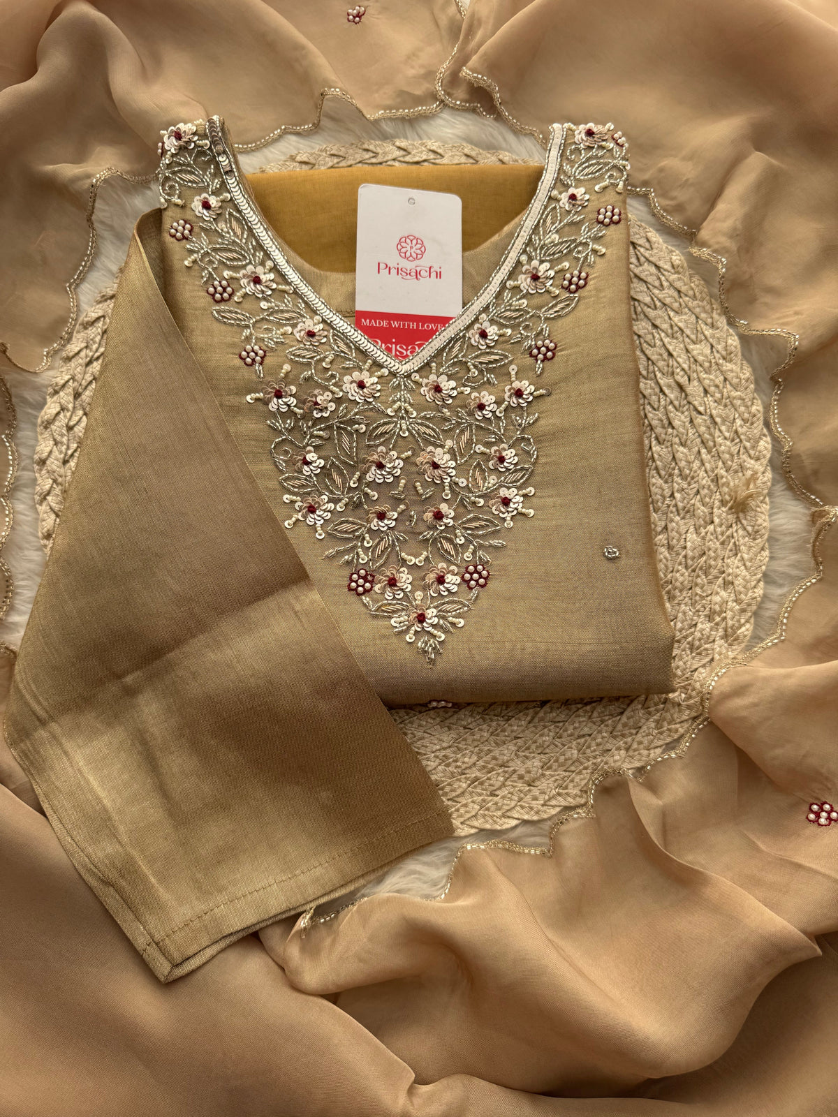Designer Dual Tone Beige Gold & Metallic Gold Kurta Set with Embroidery, Pants & Dupatta