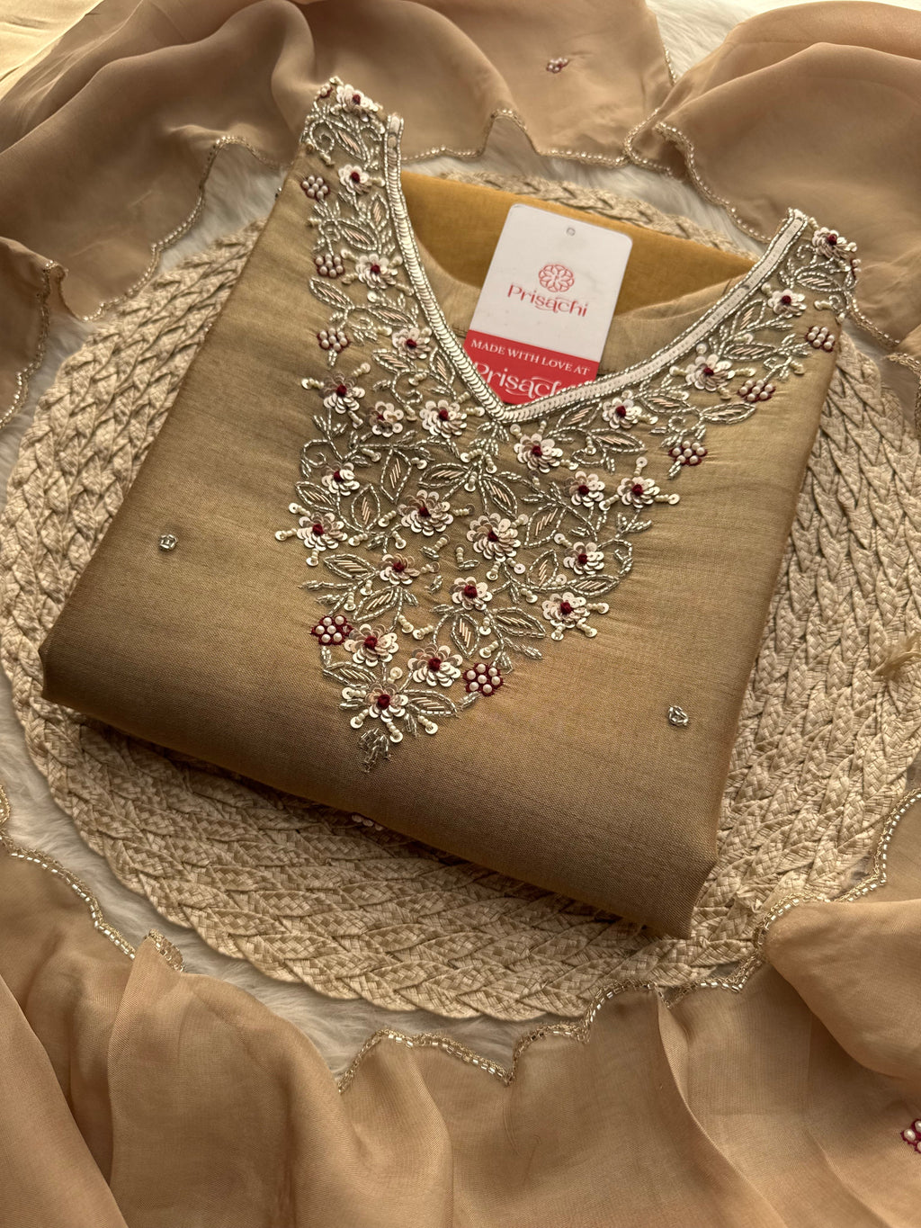 Designer Dual Tone Beige Gold & Metallic Gold Kurta Set with Embroidery, Pants & Dupatta