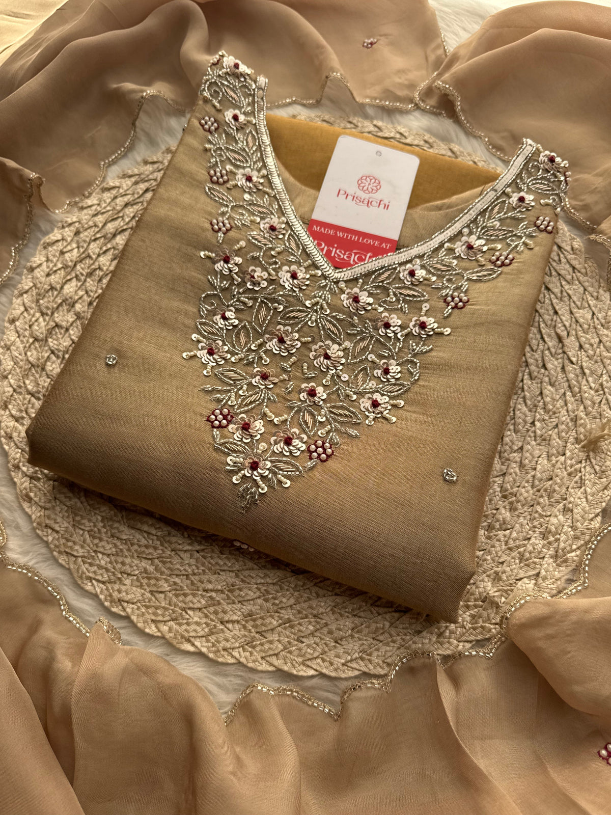Designer Dual Tone Beige Gold & Metallic Gold Kurta Set with Embroidery, Pants & Dupatta