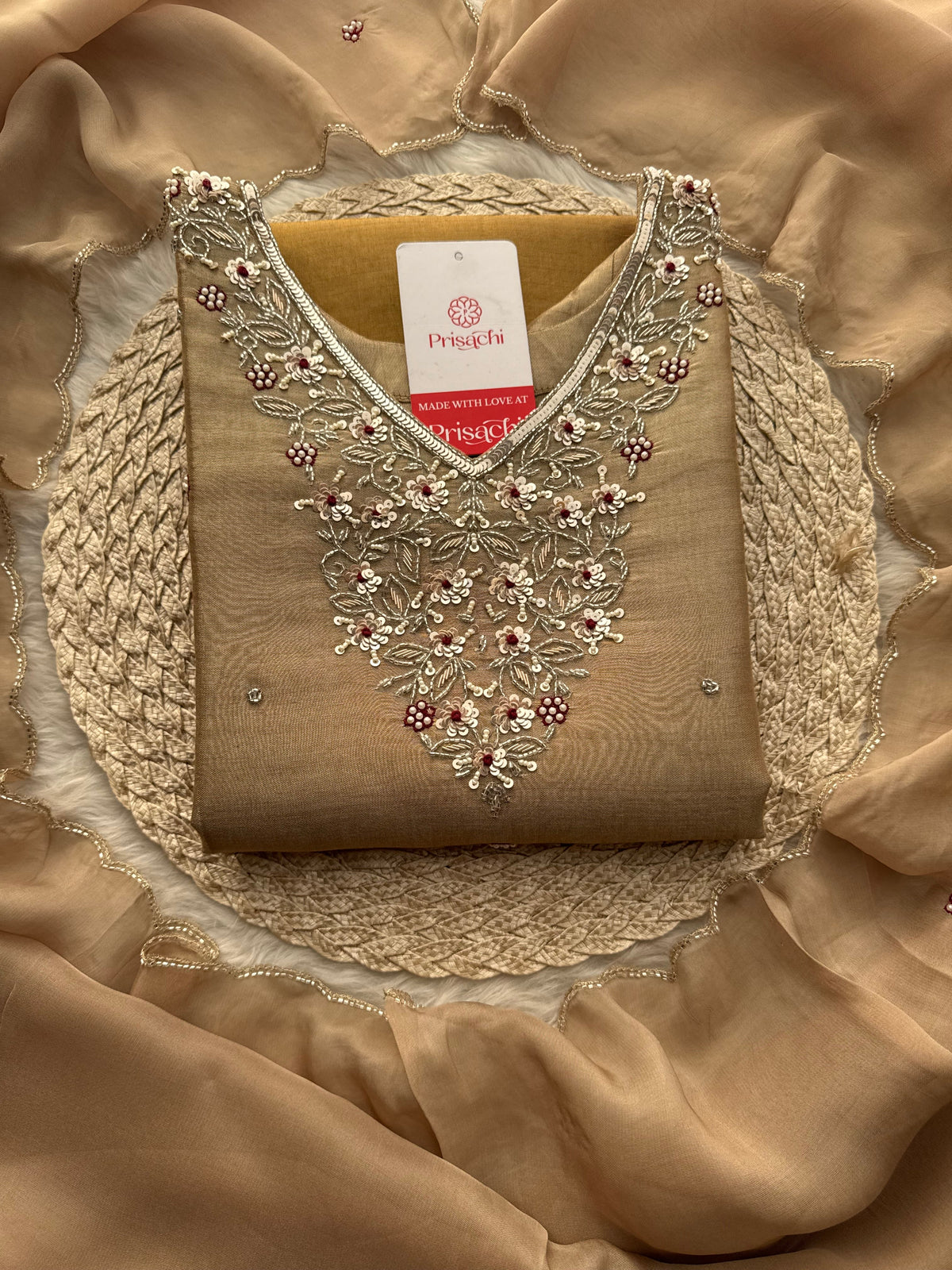 Designer Dual Tone Beige Gold & Metallic Gold Kurta Set with Embroidery, Pants & Dupatta