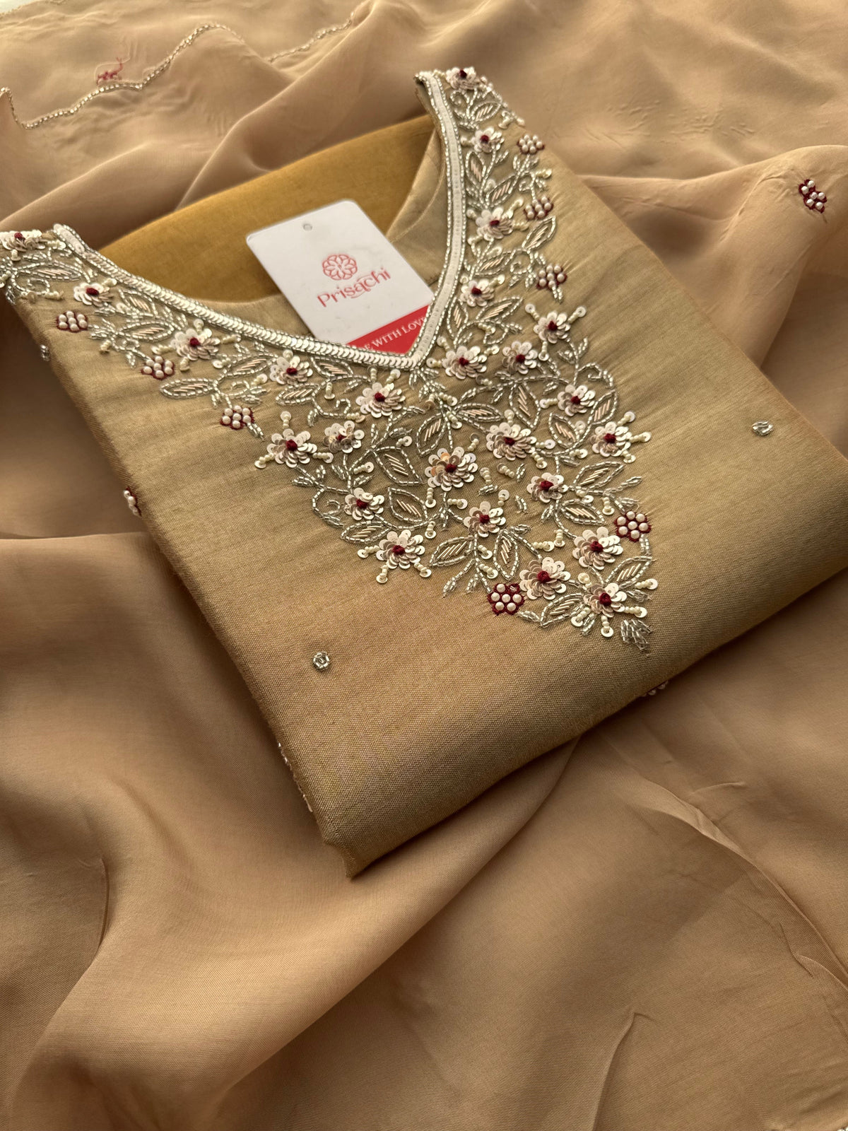 Designer Dual Tone Beige Gold & Metallic Gold Kurta Set with Embroidery, Pants & Dupatta