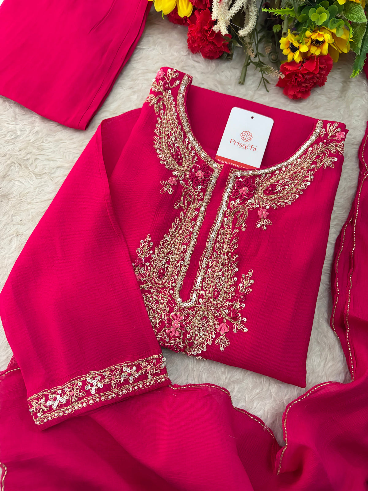 Pink Embroidered Ethnic Kurta Set for Women with Pants & Dupatta | Festive Traditional Wear