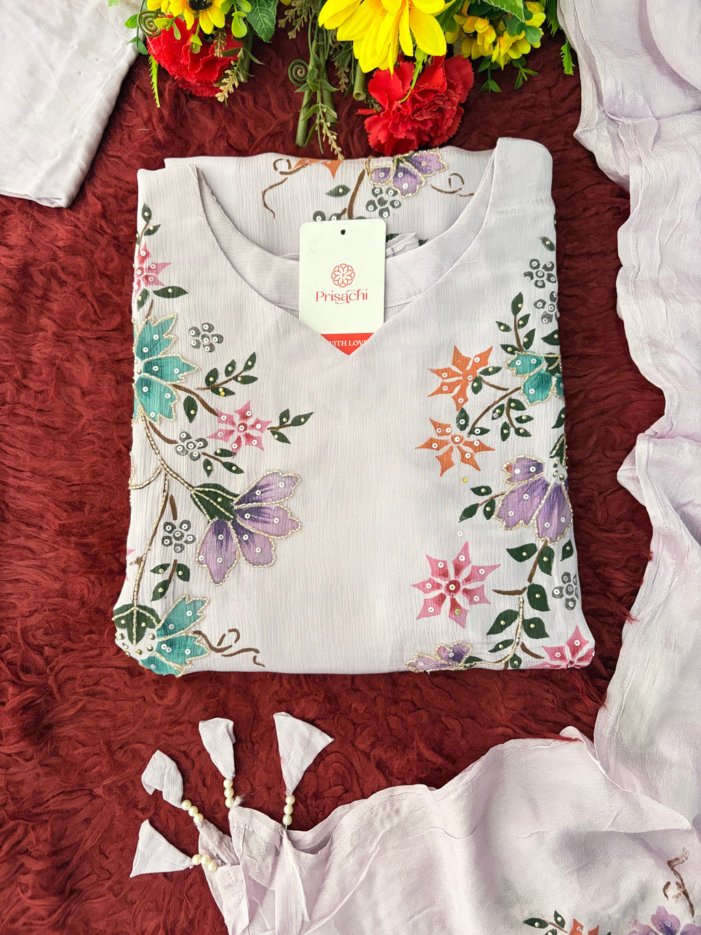 Lavender Embroidered A-Line Ethnic Kurta Set with Dupatta & Pants