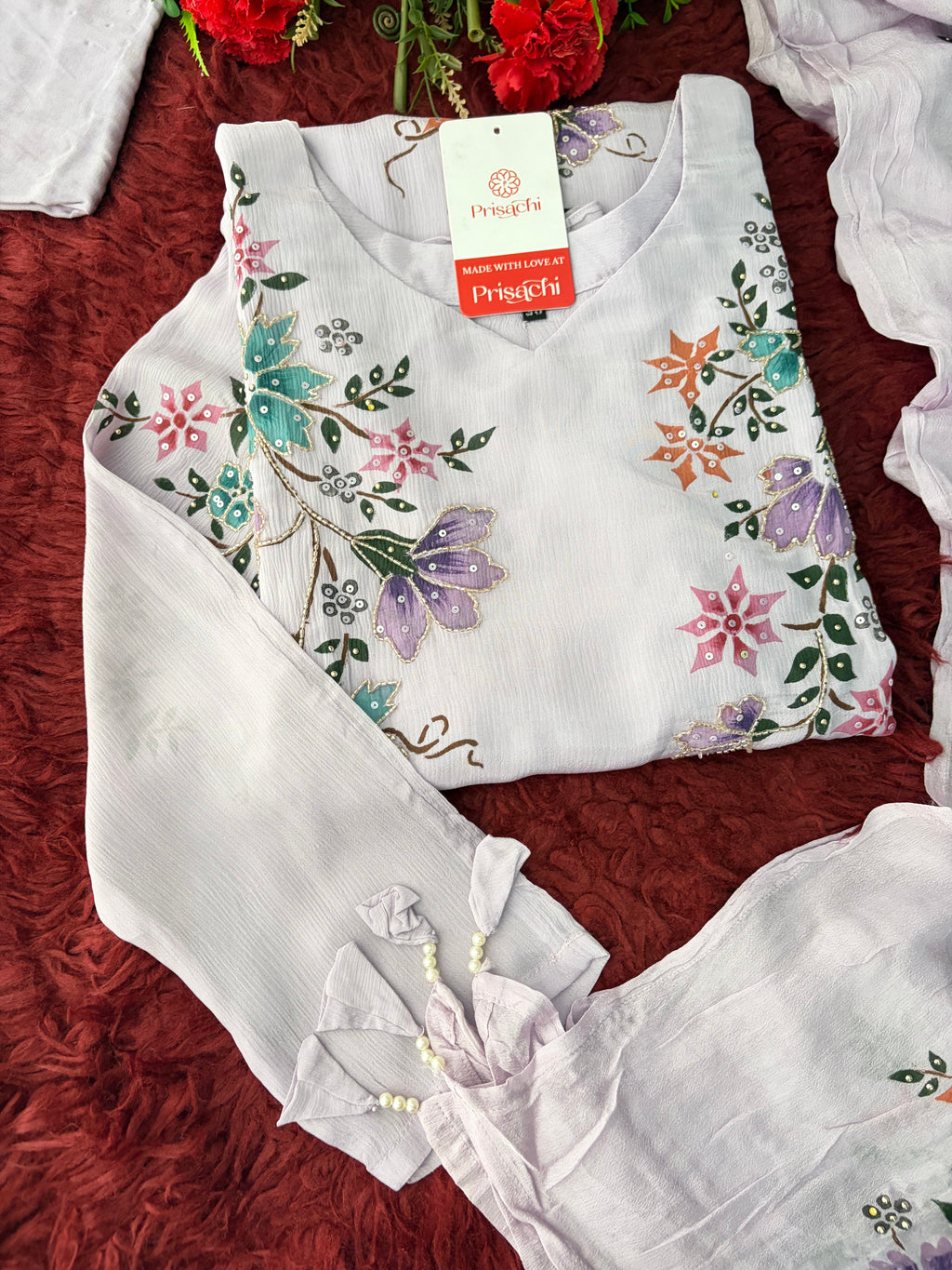 Lavender Embroidered A-Line Ethnic Kurta Set with Dupatta & Pants