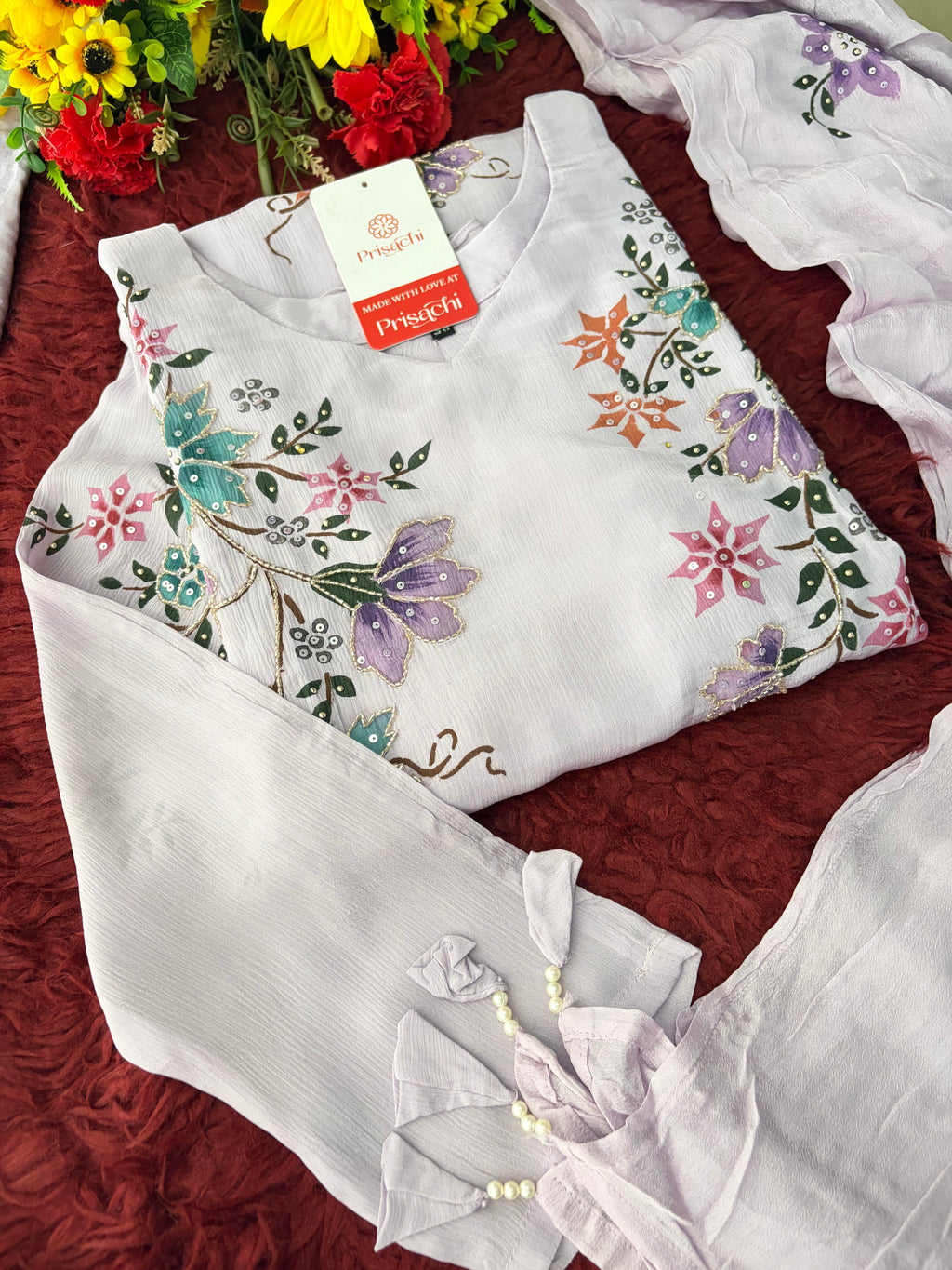 Lavender Embroidered A-Line Ethnic Kurta Set with Dupatta & Pants