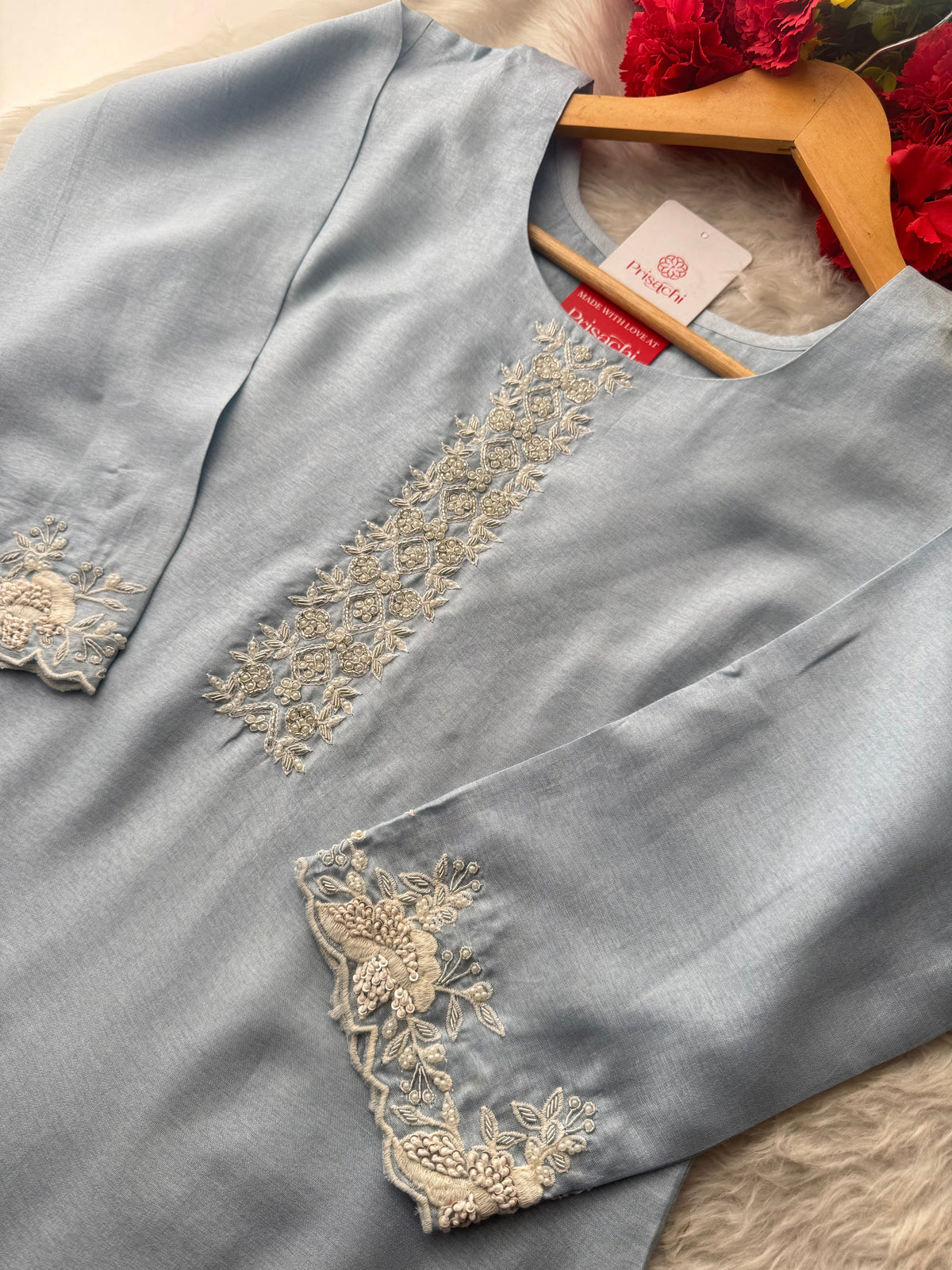 Ombre Sky Blue Thread Embroidered Ethnic Kurta Set for Women with Pants & Dupatta