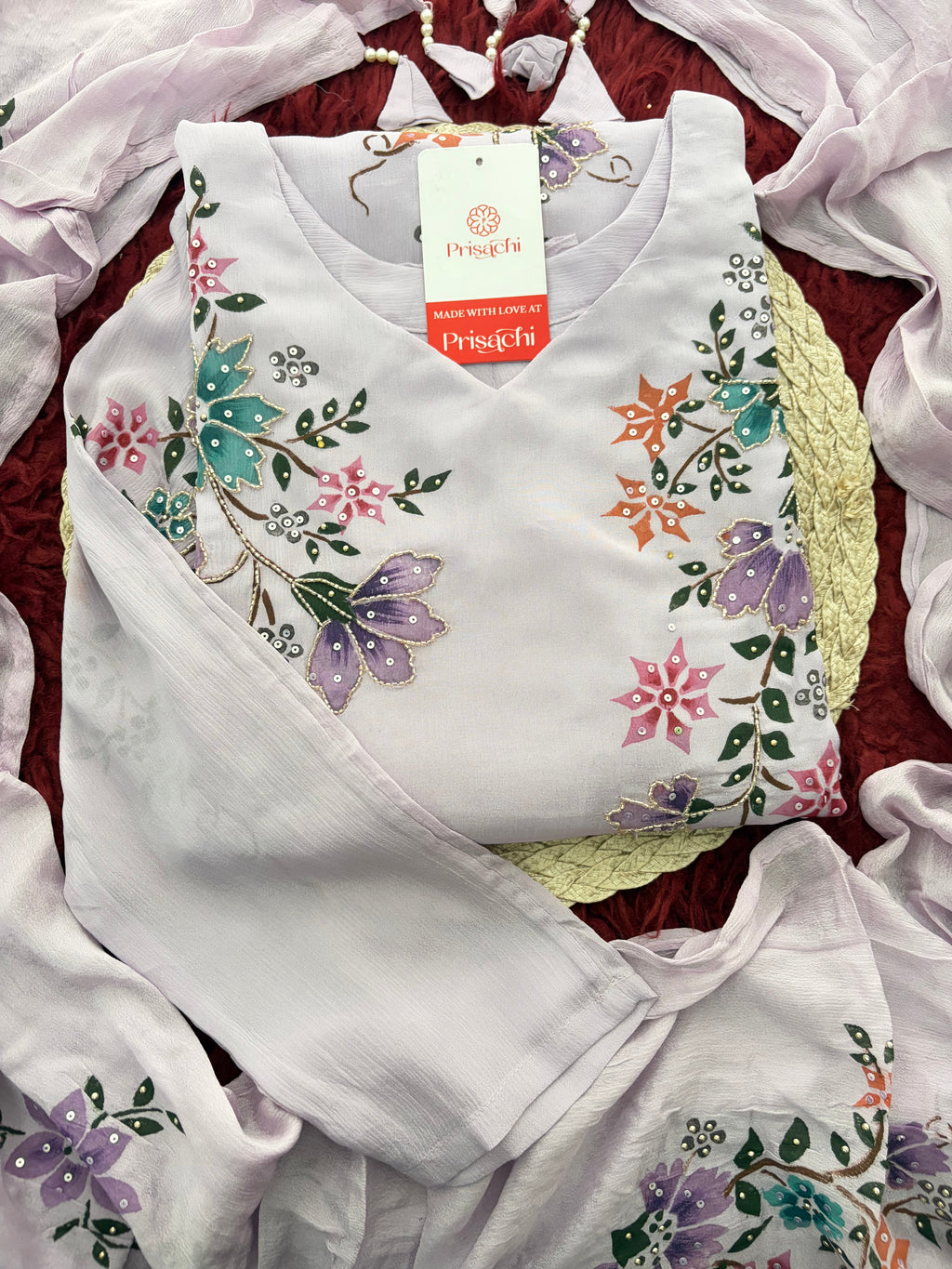Lavender Embroidered A-Line Ethnic Kurta Set with Dupatta & Pants