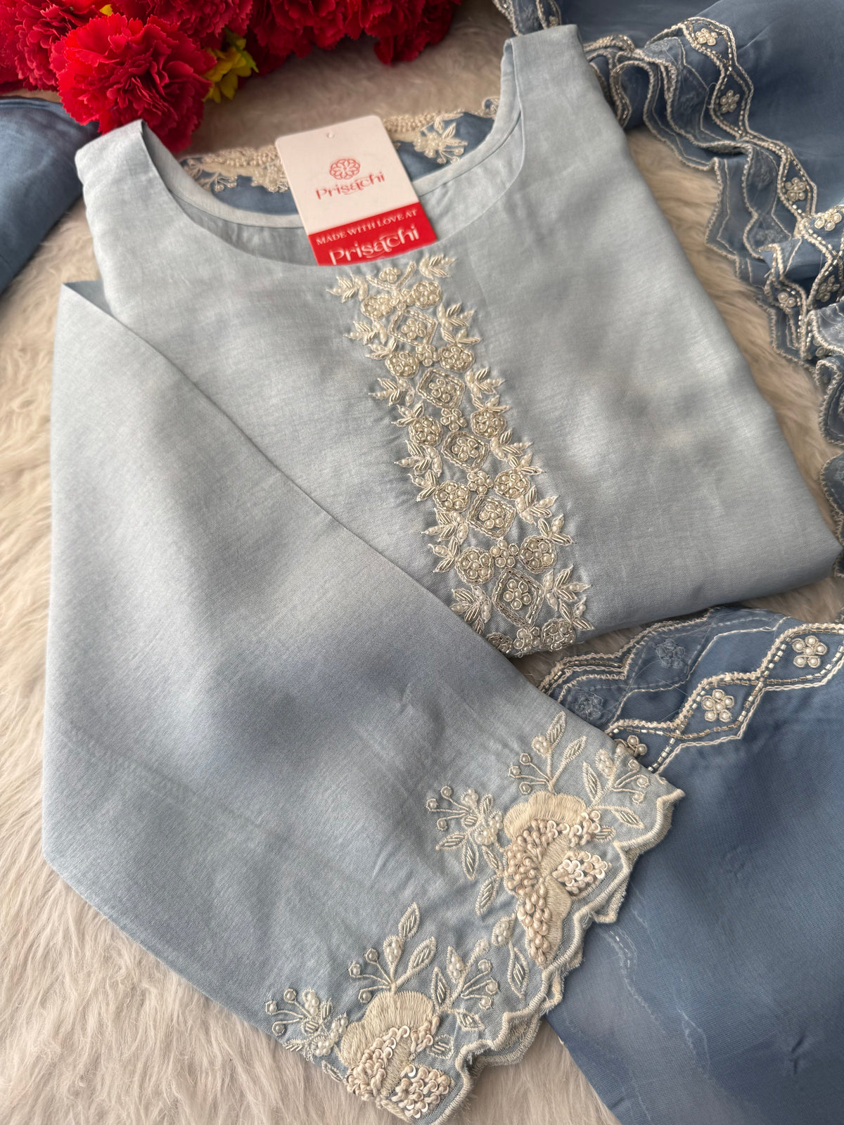 Ombre Sky Blue Thread Embroidered Ethnic Kurta Set for Women with Pants & Dupatta