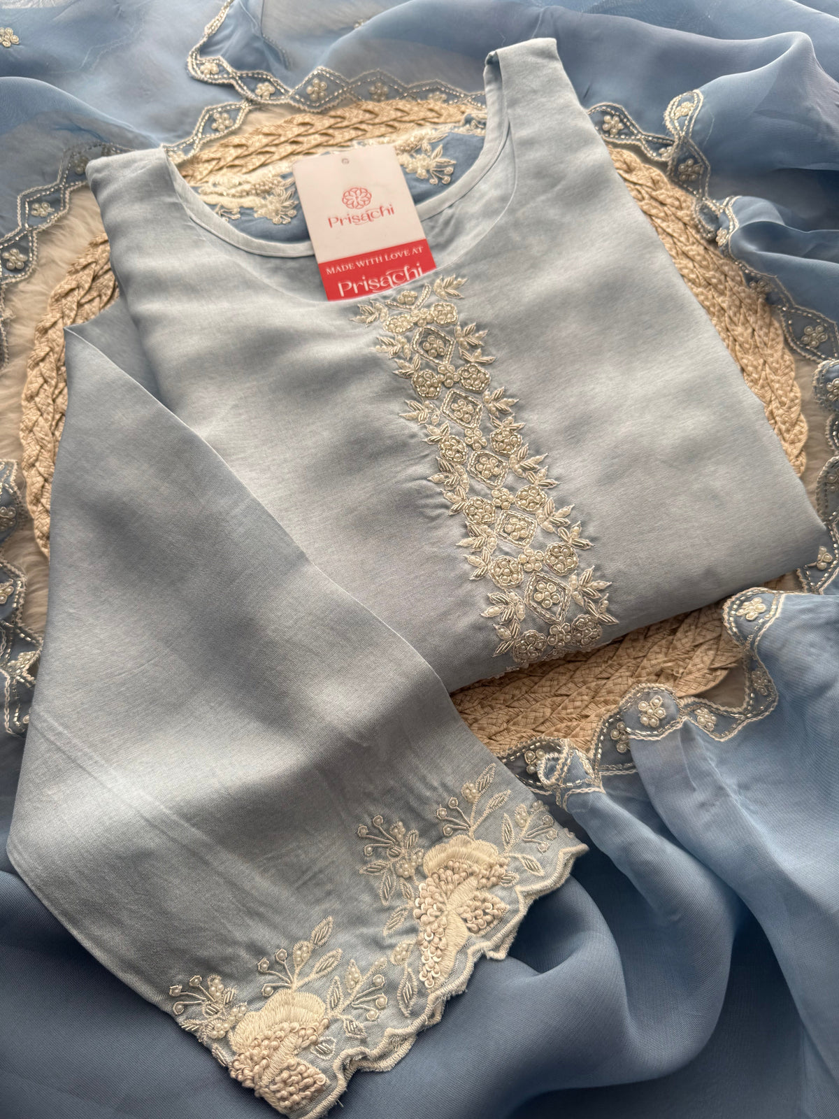 Ombre Sky Blue Thread Embroidered Ethnic Kurta Set for Women with Pants & Dupatta