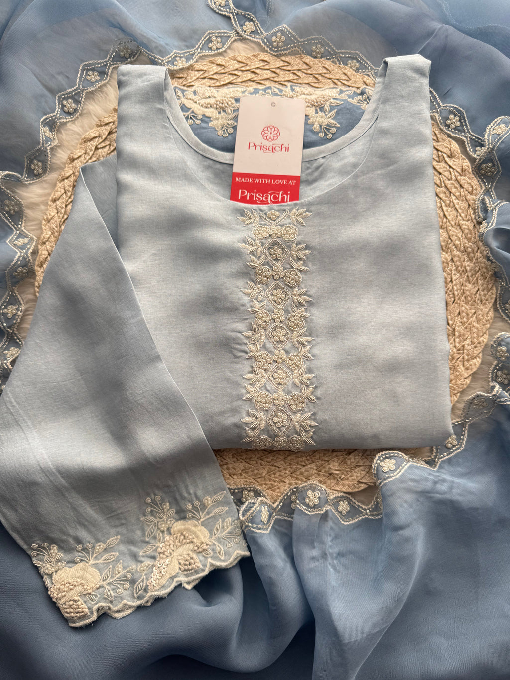 Ombre Sky Blue Thread Embroidered Ethnic Kurta Set for Women with Pants & Dupatta