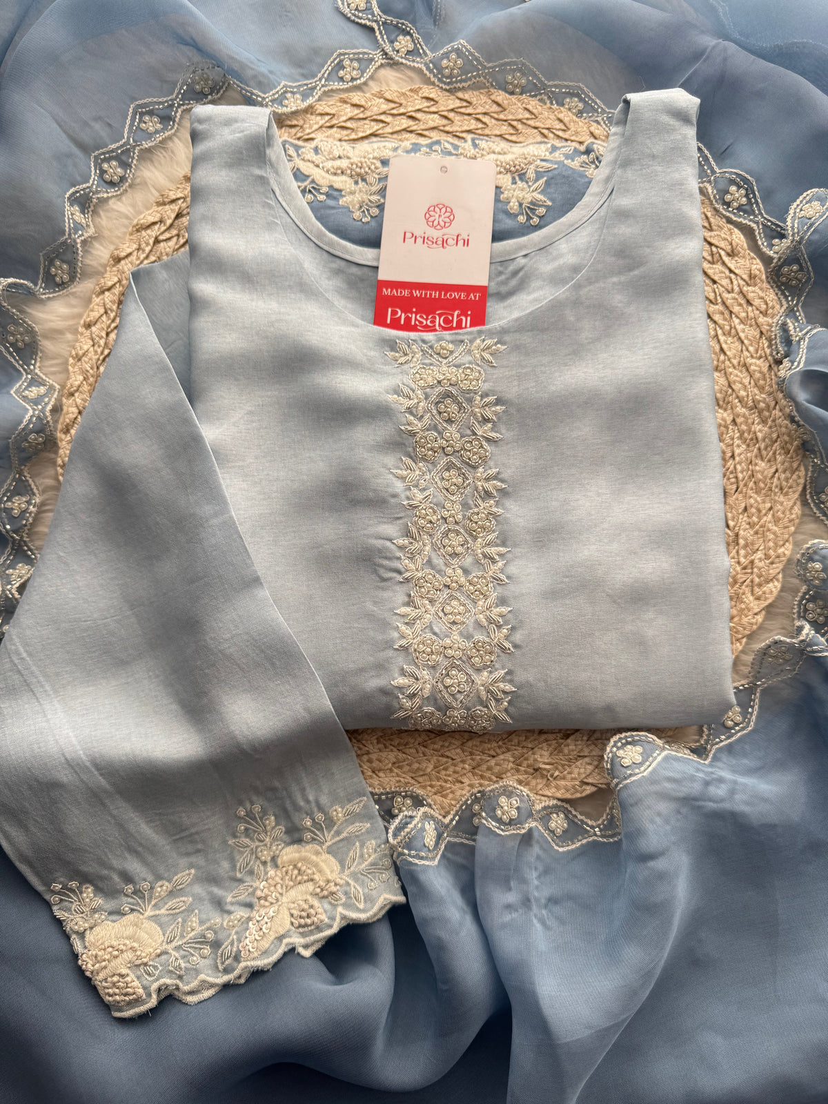 Ombre Sky Blue Thread Embroidered Ethnic Kurta Set for Women with Pants & Dupatta
