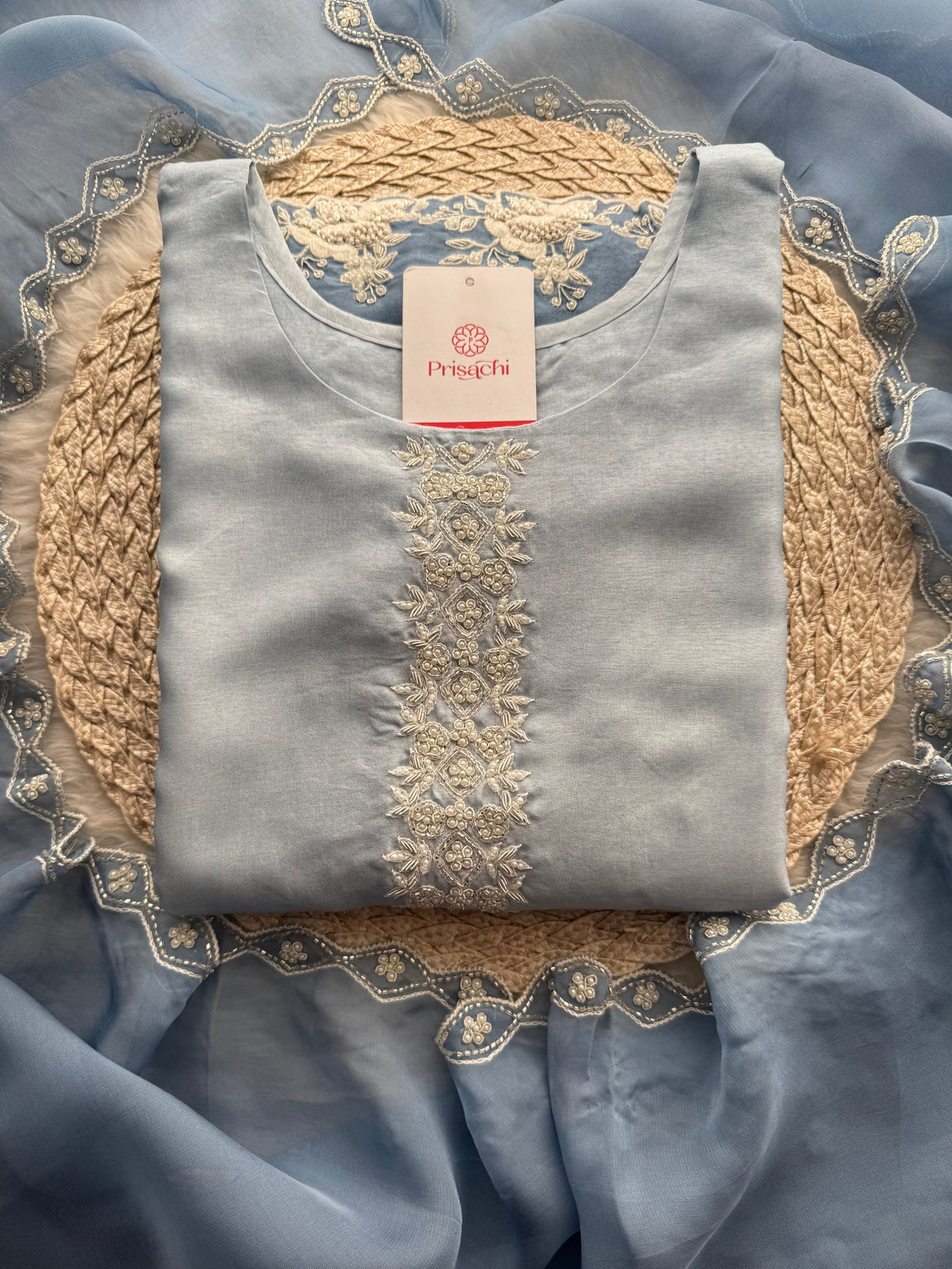 Ombre Sky Blue Thread Embroidered Ethnic Kurta Set for Women with Pants & Dupatta