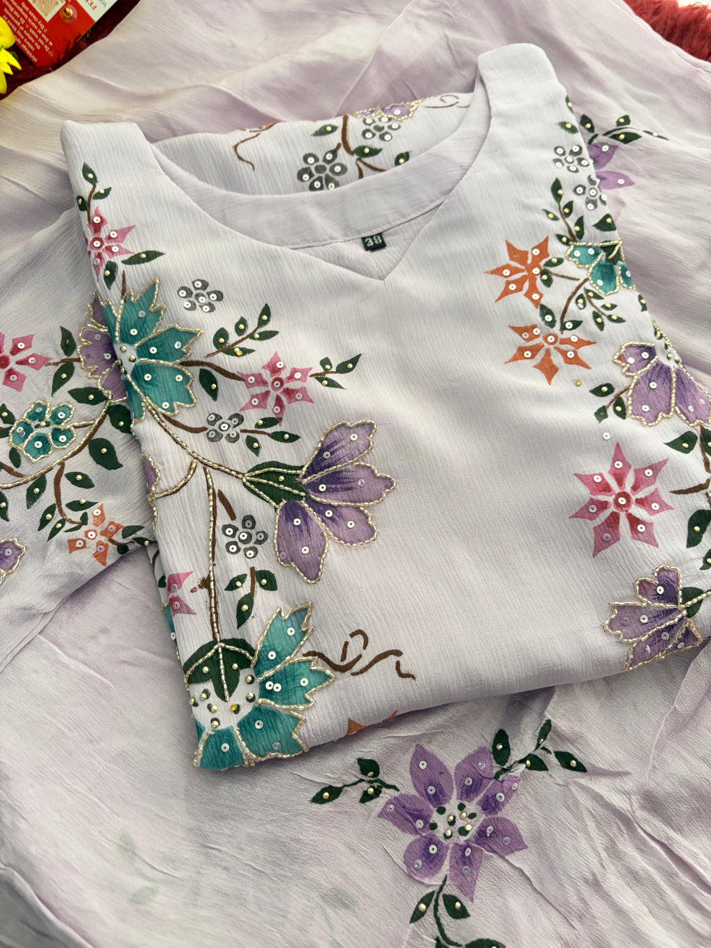 Lavender Embroidered A-Line Ethnic Kurta Set with Dupatta & Pants