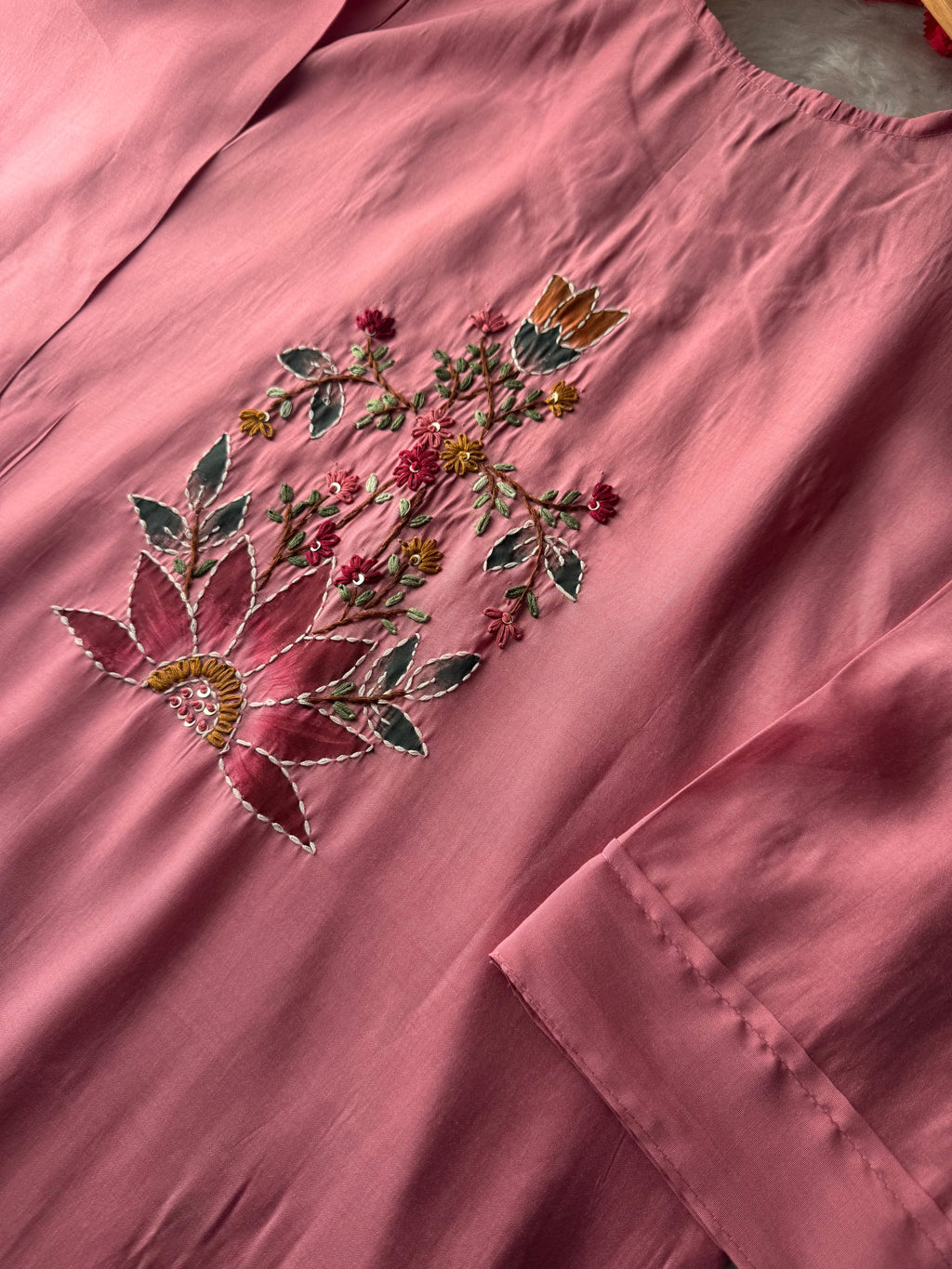Pink Thread Embroidered Floral Printed Designer Ethnic Kurta Set with Pants & Dupatta