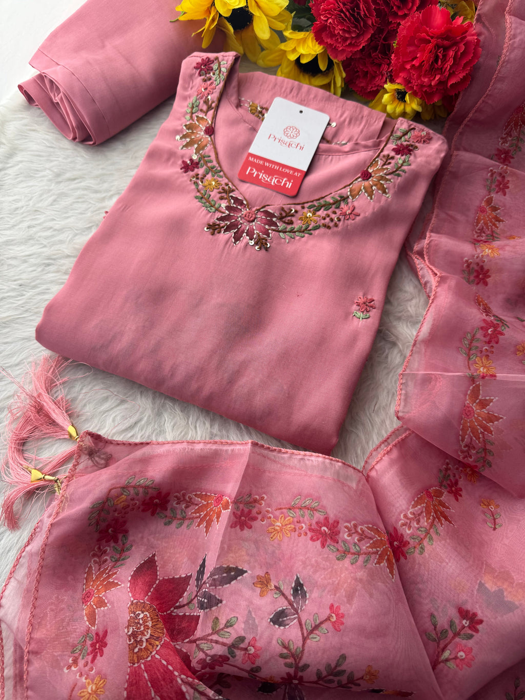 Pink Thread Embroidered Floral Printed Designer Ethnic Kurta Set with Pants & Dupatta