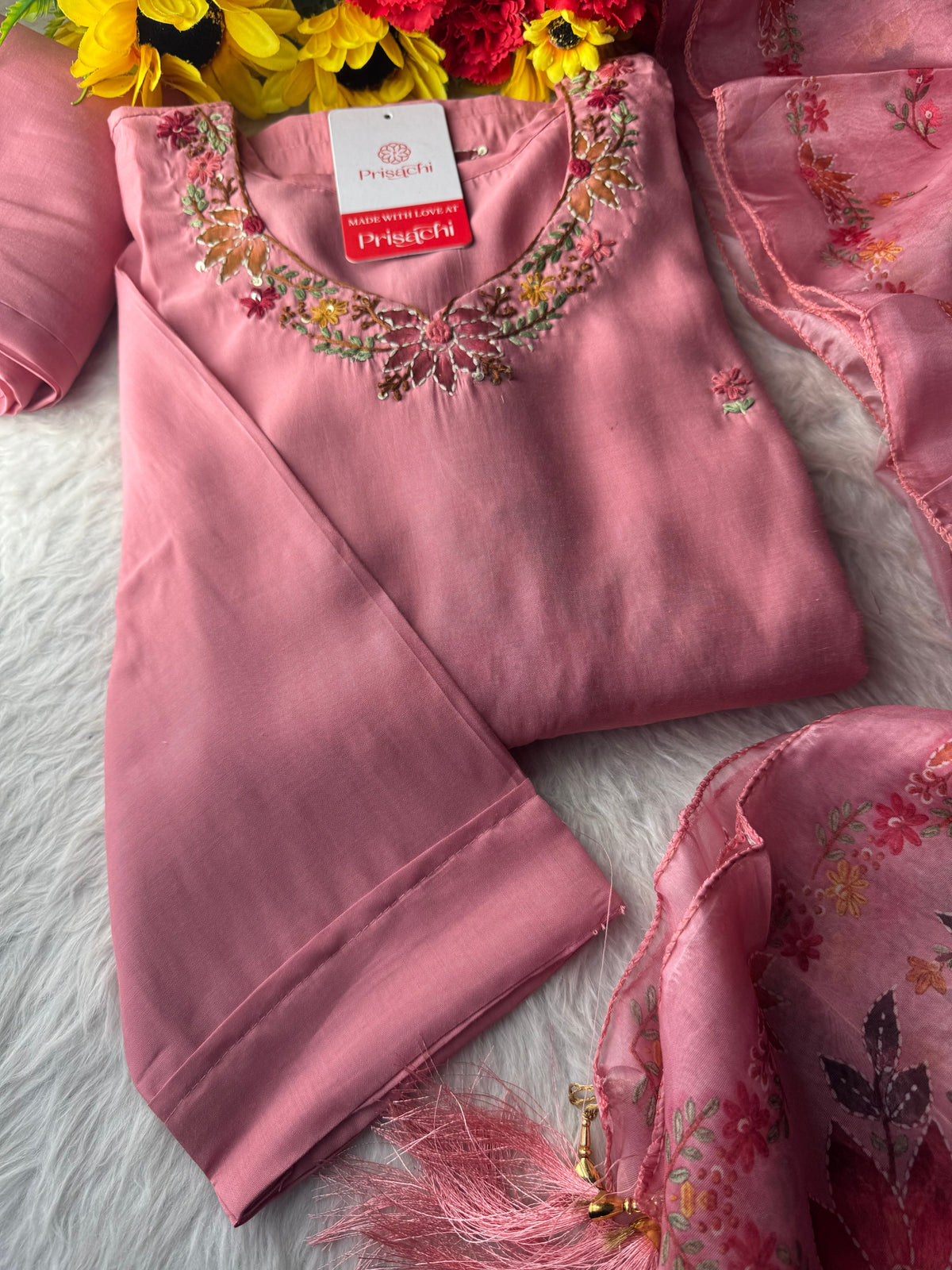 Pink Thread Embroidered Floral Printed Designer Ethnic Kurta Set with Pants & Dupatta