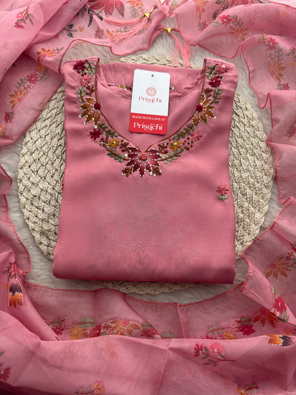 Pink Thread Embroidered Floral Printed Designer Ethnic Kurta Set with Pants & Dupatta