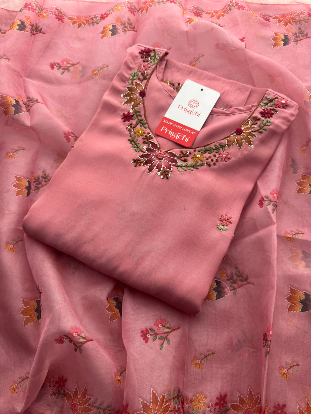Pink Thread Embroidered Floral Printed Designer Ethnic Kurta Set with Pants & Dupatta