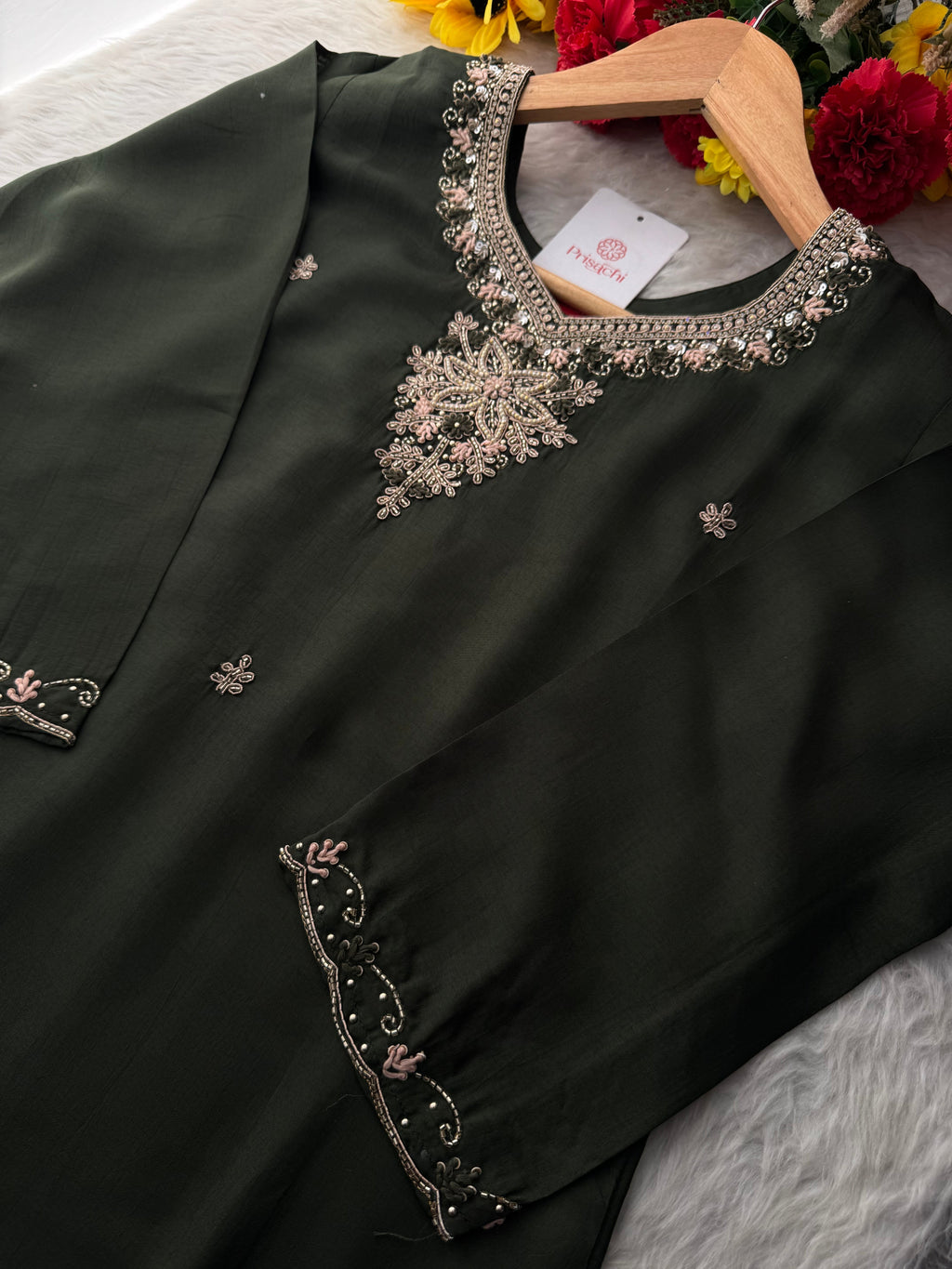 Dark Green Hand Embroidered Designer Ethnic Kurta Set with Pants & Dupatta
