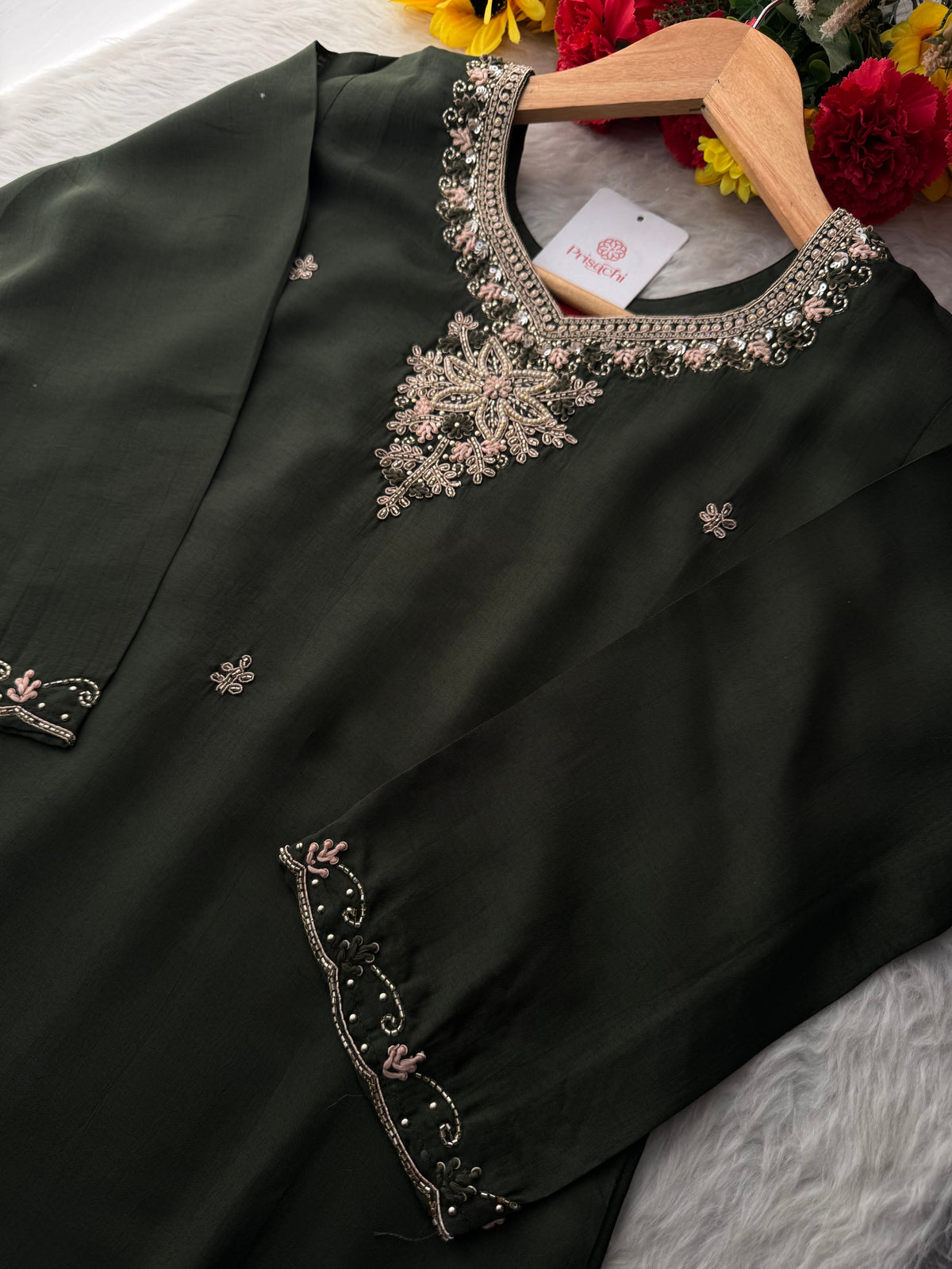 Dark Green Hand Embroidered Designer Ethnic Kurta Set with Pants & Dupatta