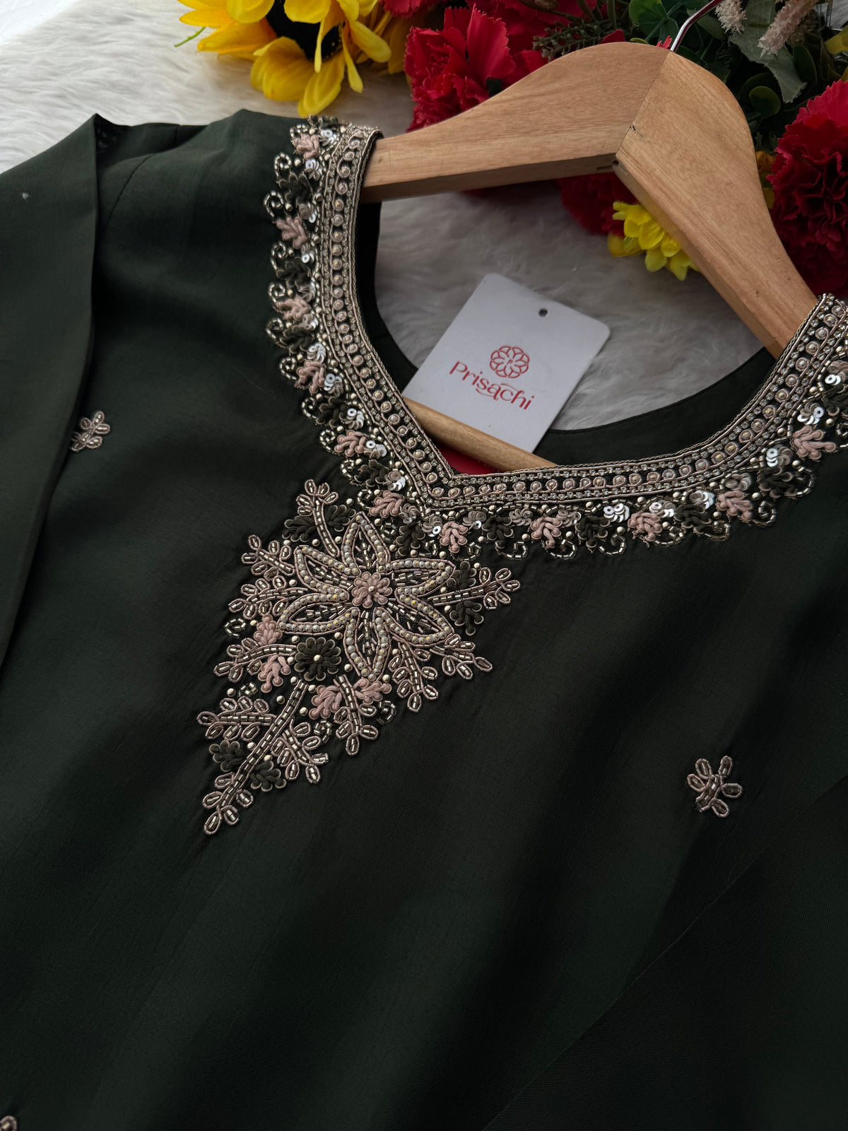 Dark Green Hand Embroidered Designer Ethnic Kurta Set with Pants & Dupatta