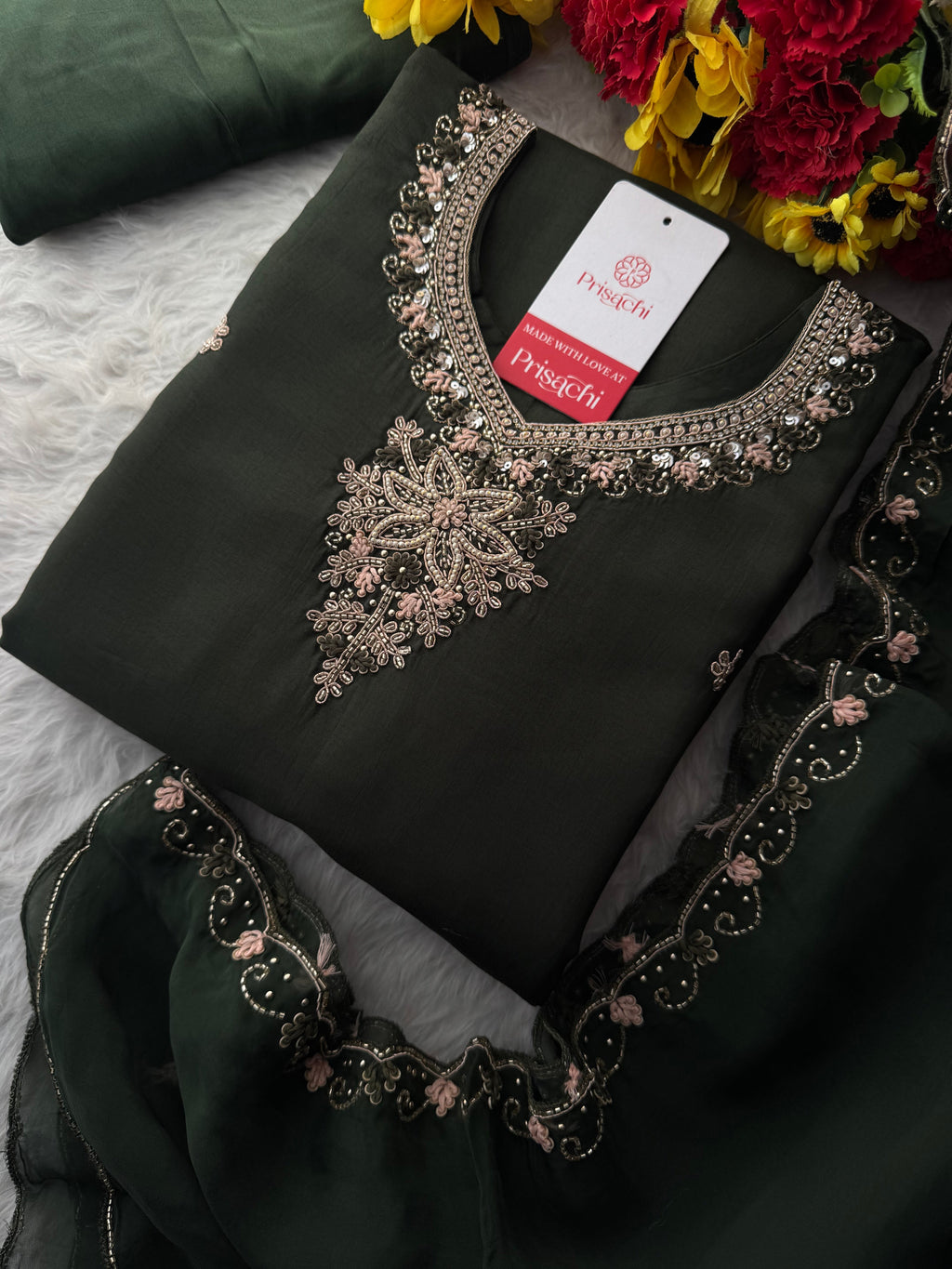 Dark Green Hand Embroidered Designer Ethnic Kurta Set with Pants & Dupatta