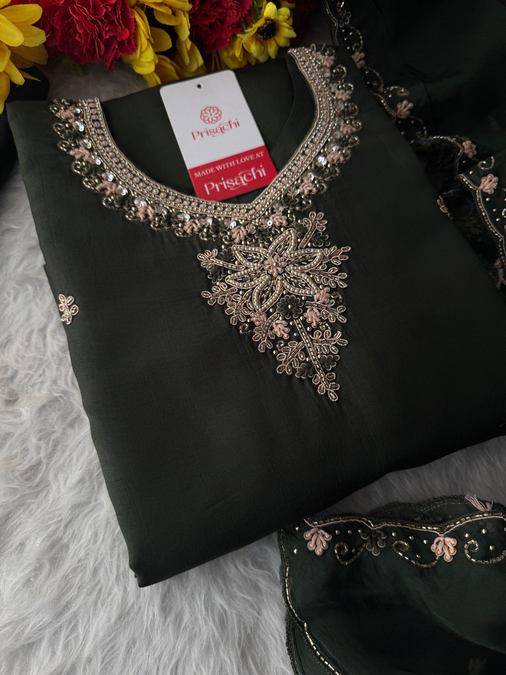 Dark Green Hand Embroidered Designer Ethnic Kurta Set with Pants & Dupatta
