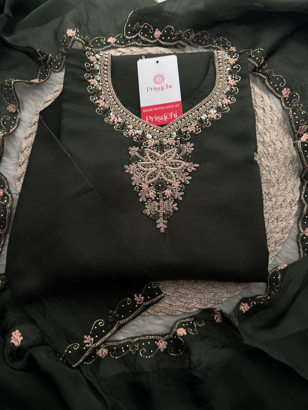 Dark Green Hand Embroidered Designer Ethnic Kurta Set with Pants & Dupatta