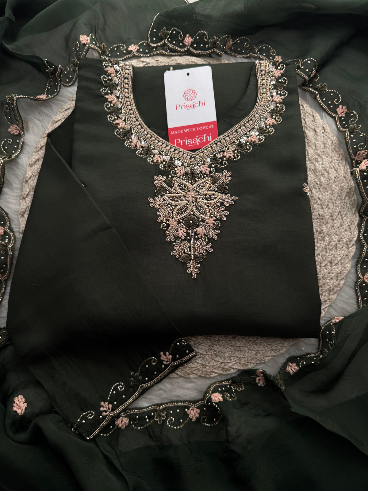 Dark Green Hand Embroidered Designer Ethnic Kurta Set with Pants & Dupatta