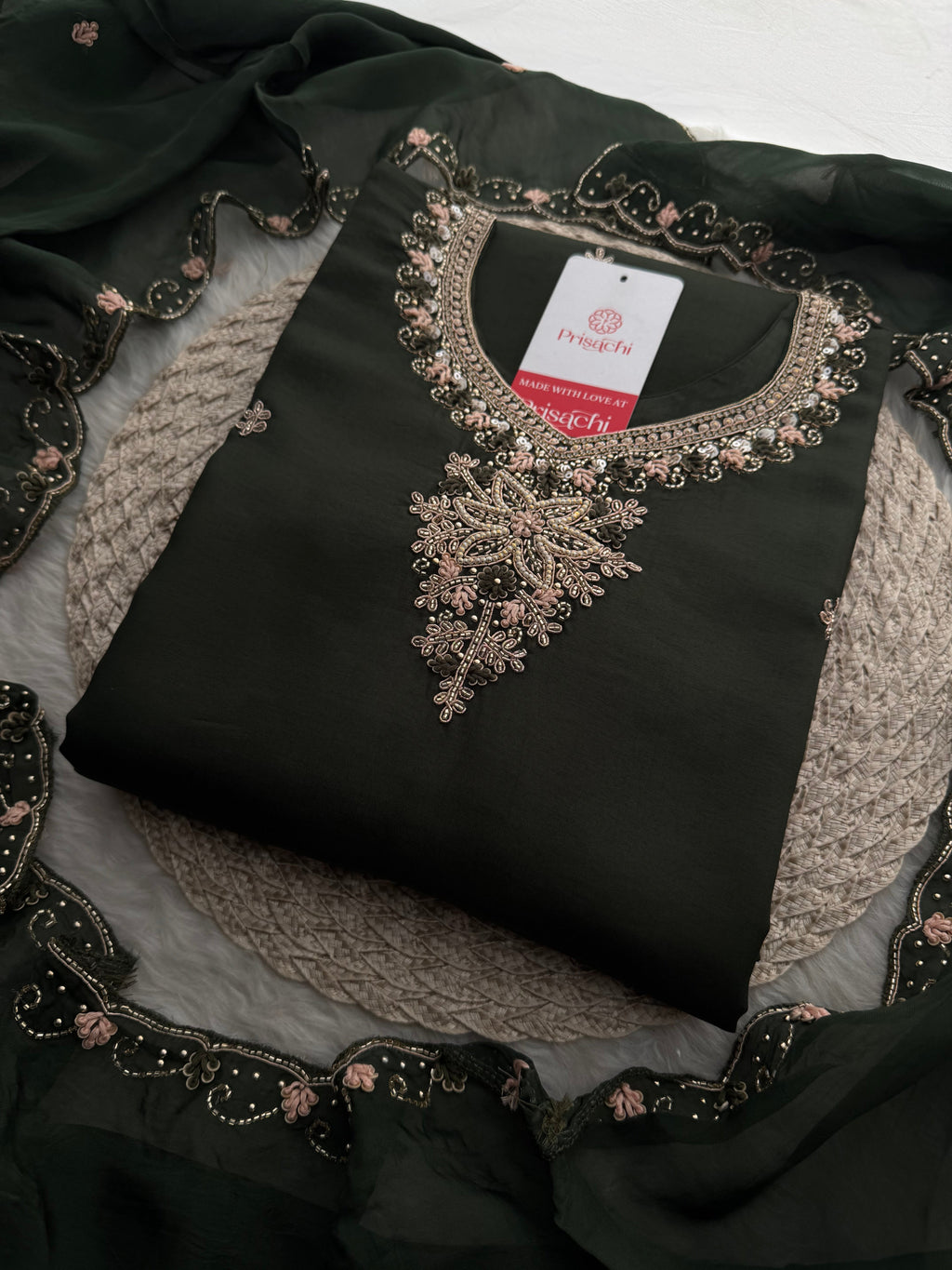 Dark Green Hand Embroidered Designer Ethnic Kurta Set with Pants & Dupatta