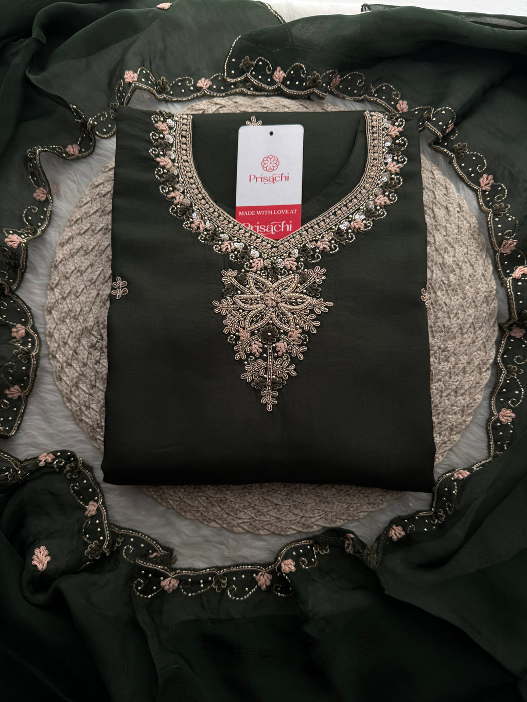 Dark Green Hand Embroidered Designer Ethnic Kurta Set with Pants & Dupatta