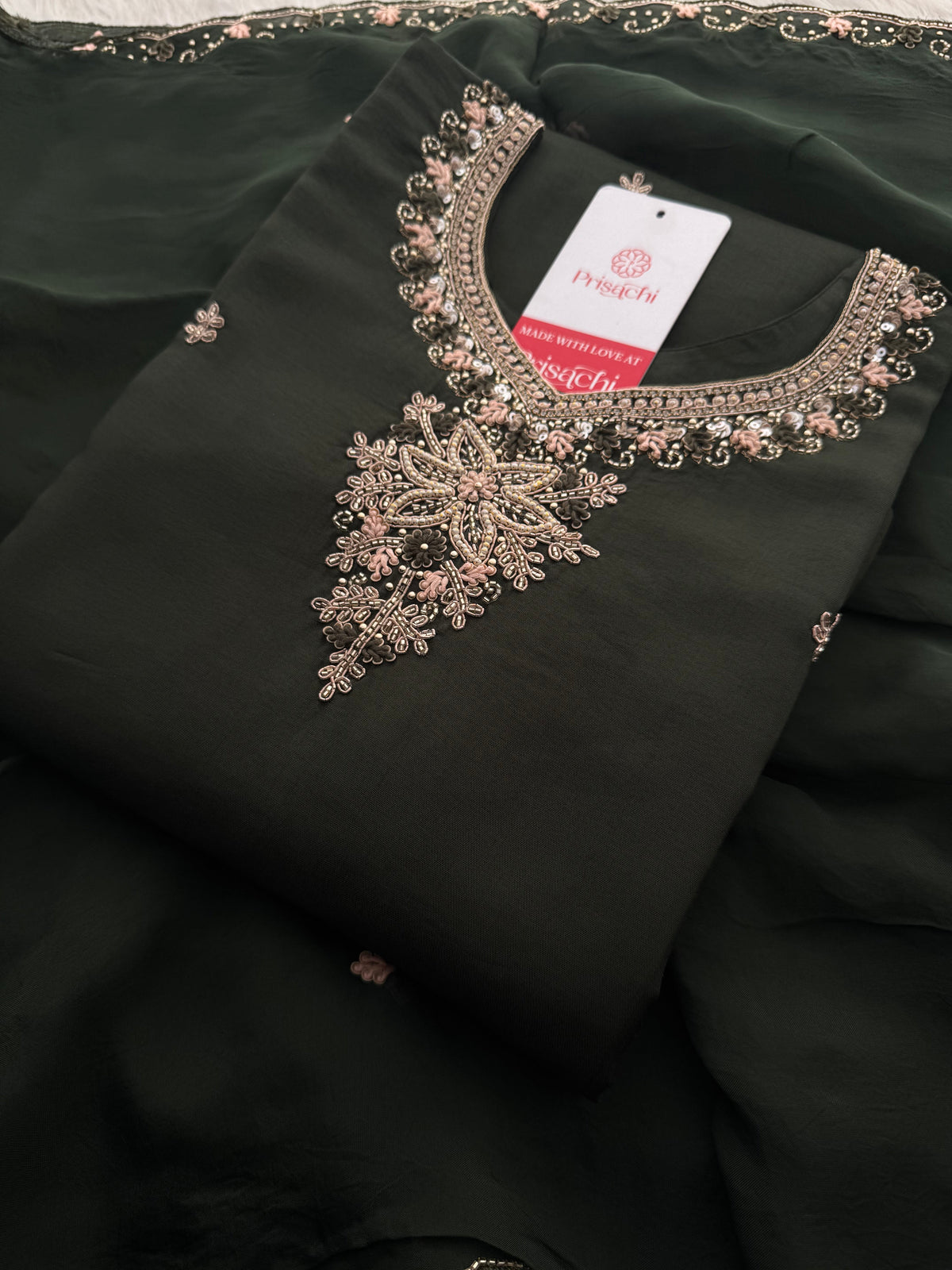 Dark Green Hand Embroidered Designer Ethnic Kurta Set with Pants & Dupatta