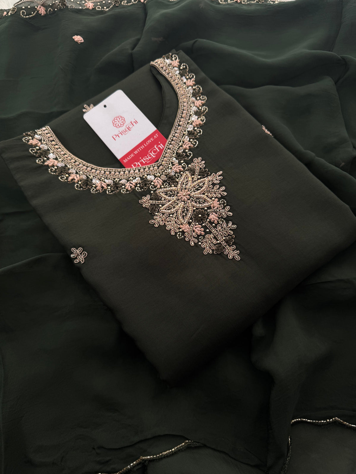 Dark Green Hand Embroidered Designer Ethnic Kurta Set with Pants & Dupatta