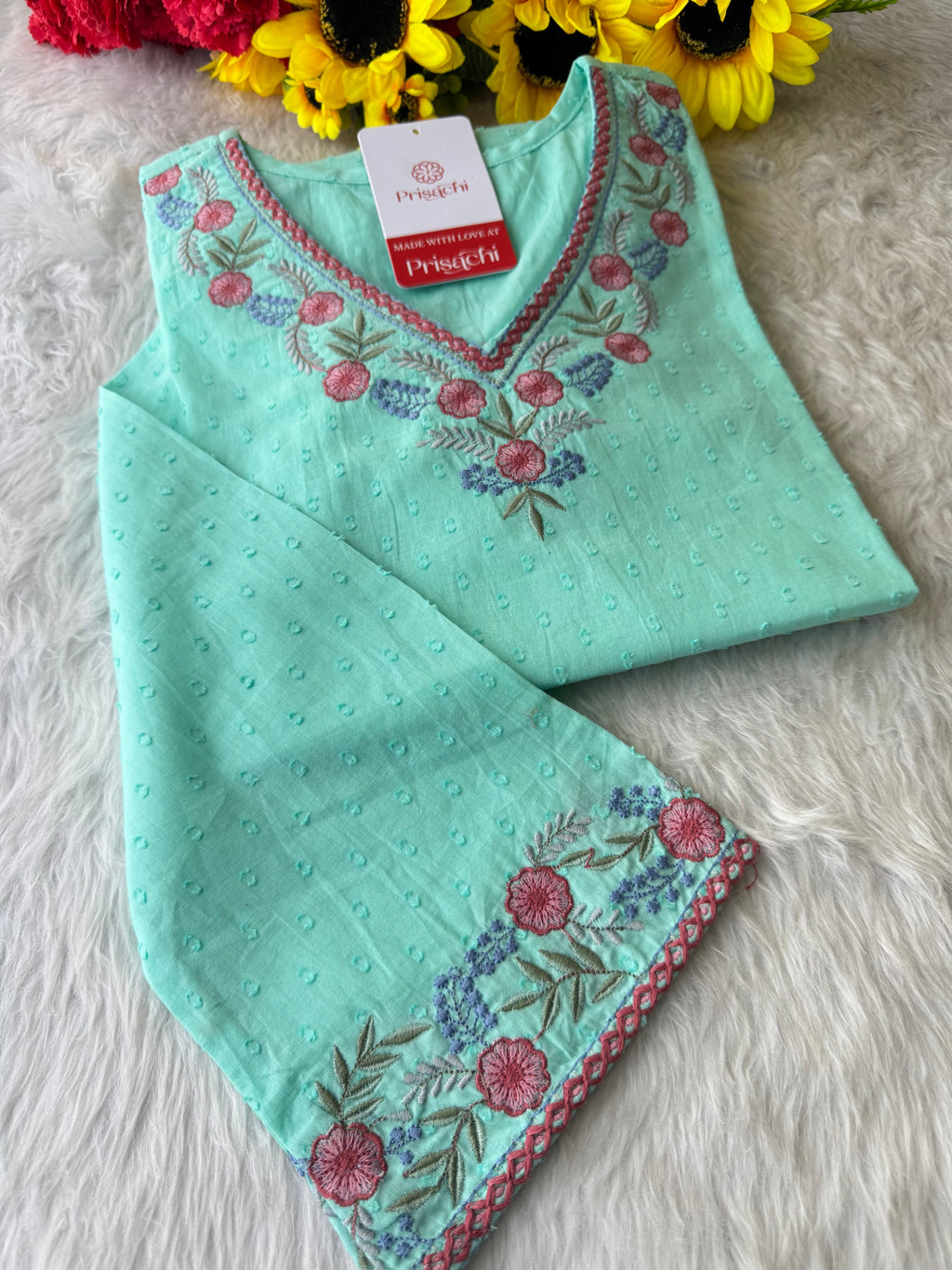 Aqua Blue Straight Thread Embroidered Short Kurti for Women