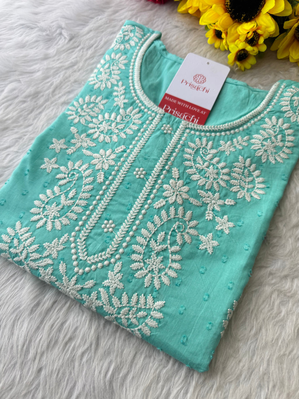 Aqua Blue Short Straight Thread Embroidered Kurti for Women