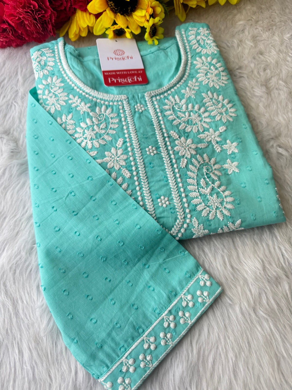 Aqua Blue Short Straight Thread Embroidered Kurti for Women