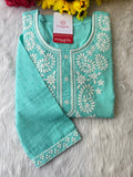 Aqua Blue Short Straight Thread Embroidered Kurti for Women