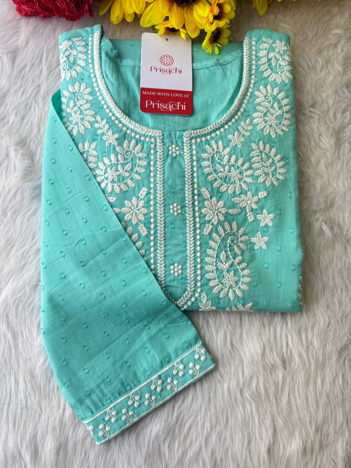 Aqua Blue Short Straight Thread Embroidered Kurti for Women