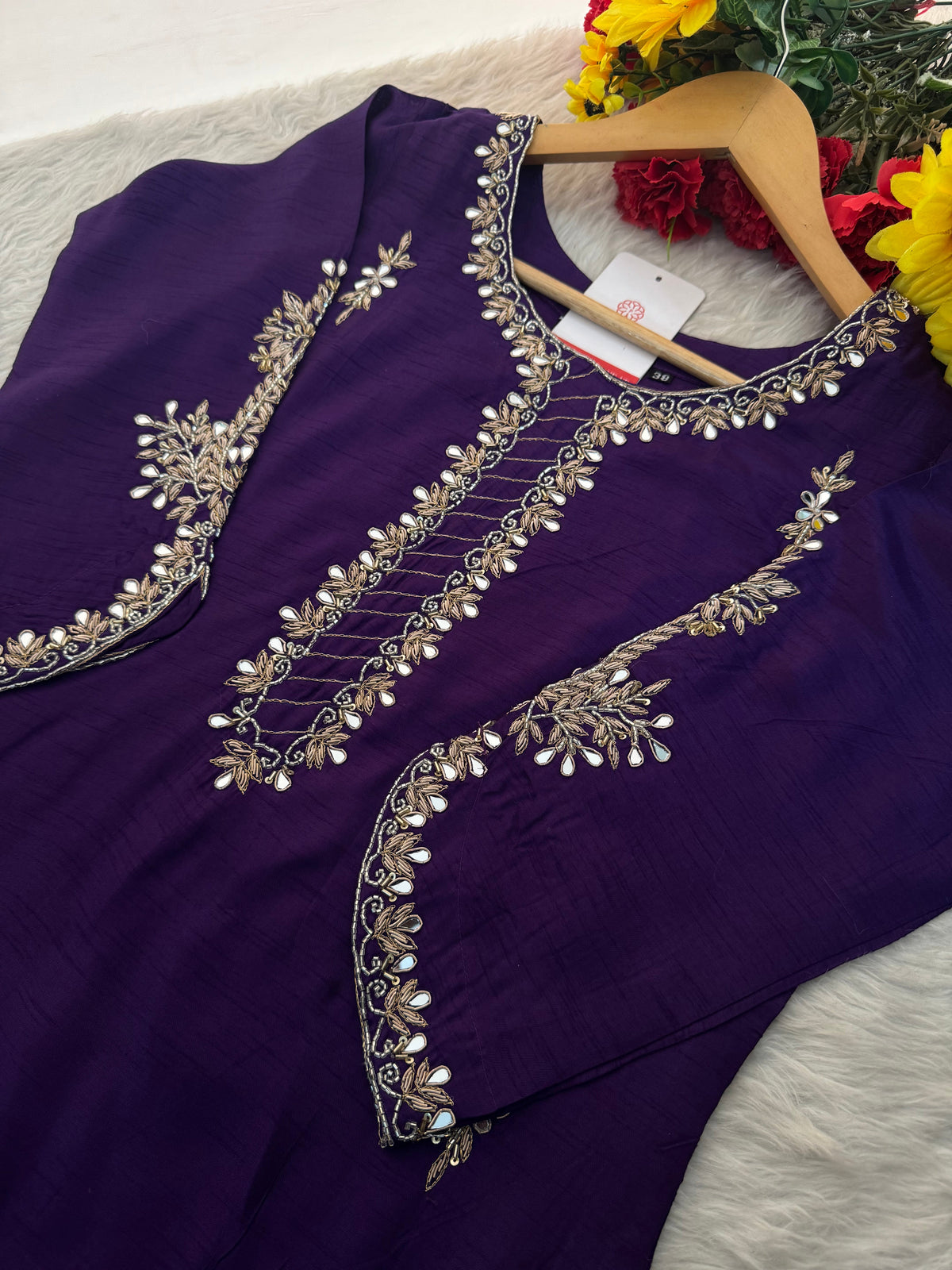 Women’s Mirror Work & Zardozi Embroidered Kurta Set with Dupatta & Pants