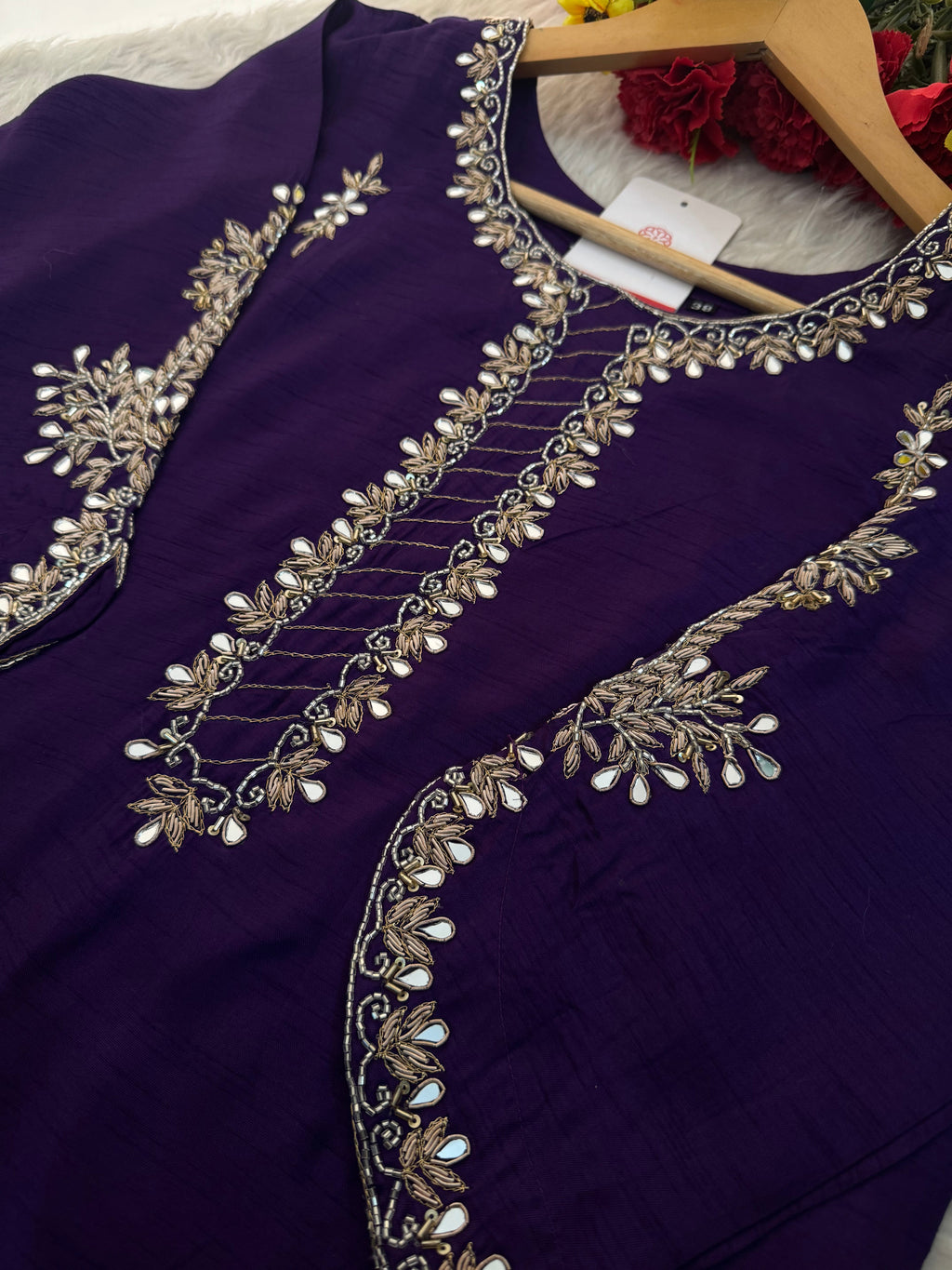 Purple Mirror Work & Zardozi Embroidered Kurta Set with Dupatta & Pants