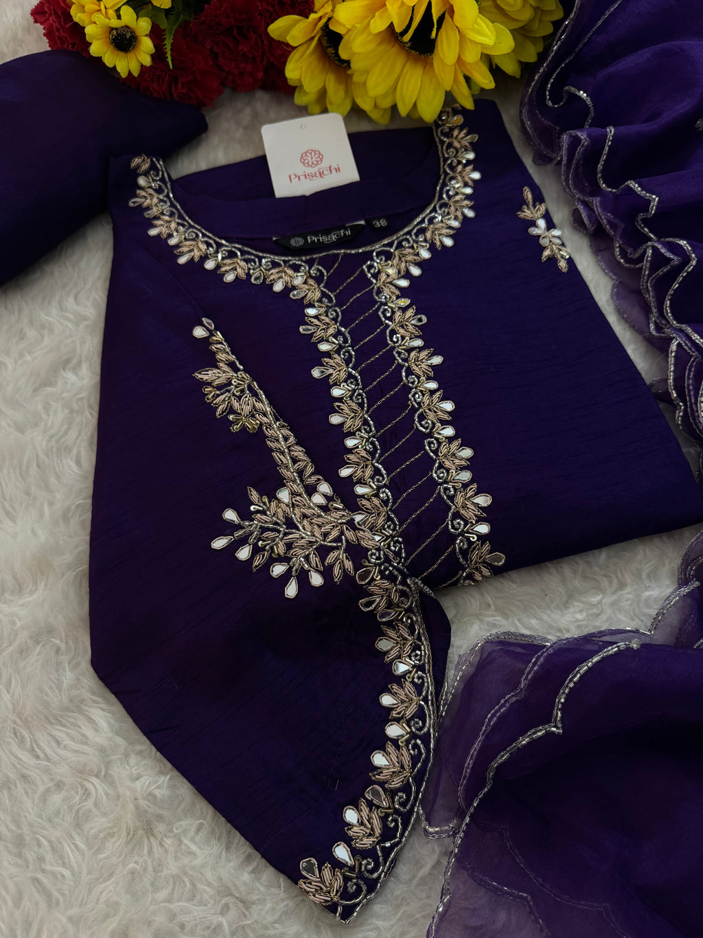 Purple Mirror Work & Zardozi Embroidered Kurta Set with Dupatta & Pants