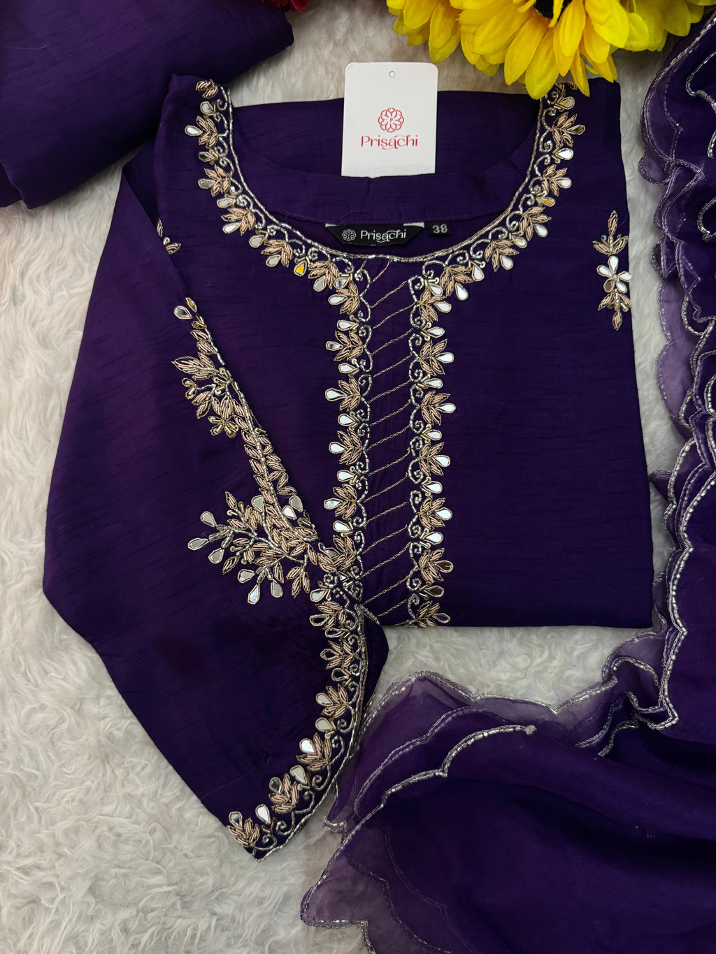 Women’s Mirror Work & Zardozi Embroidered Kurta Set with Dupatta & Pants