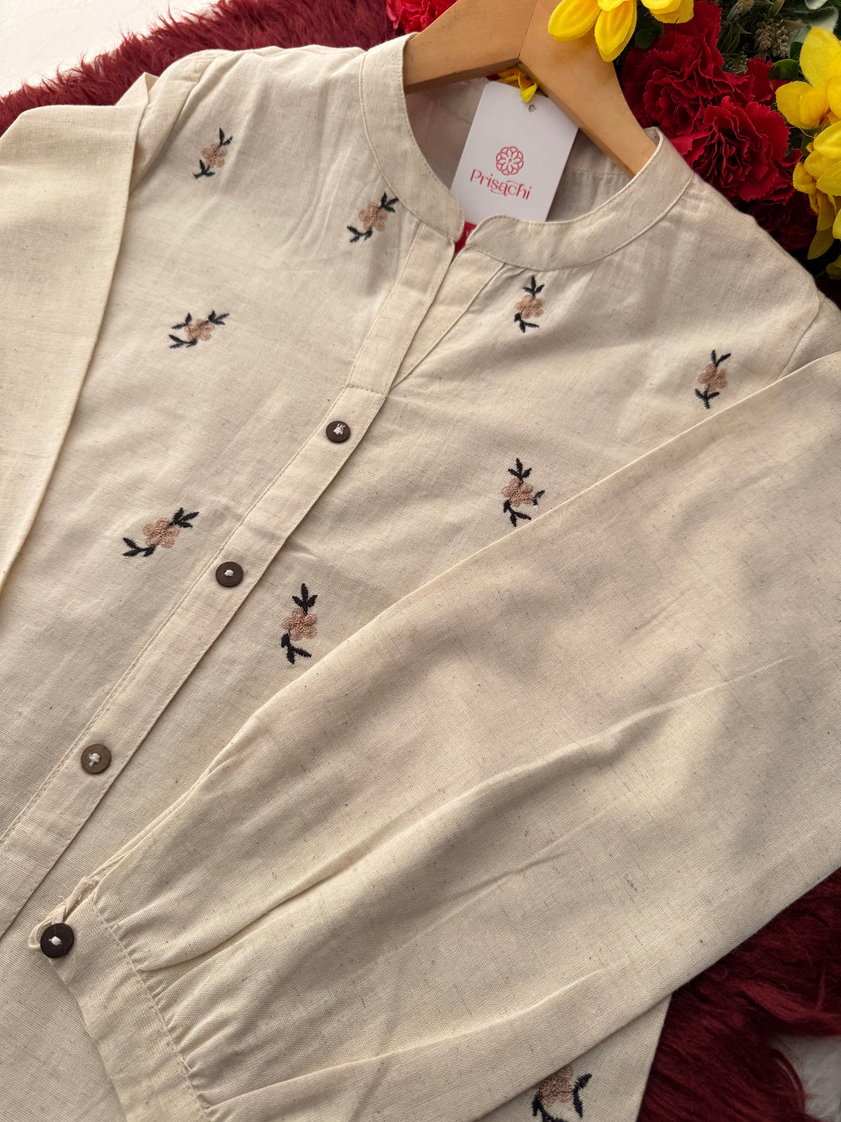 Off White Short Kurti for Women with Mandarin Collar & Floral Thread Embroidery