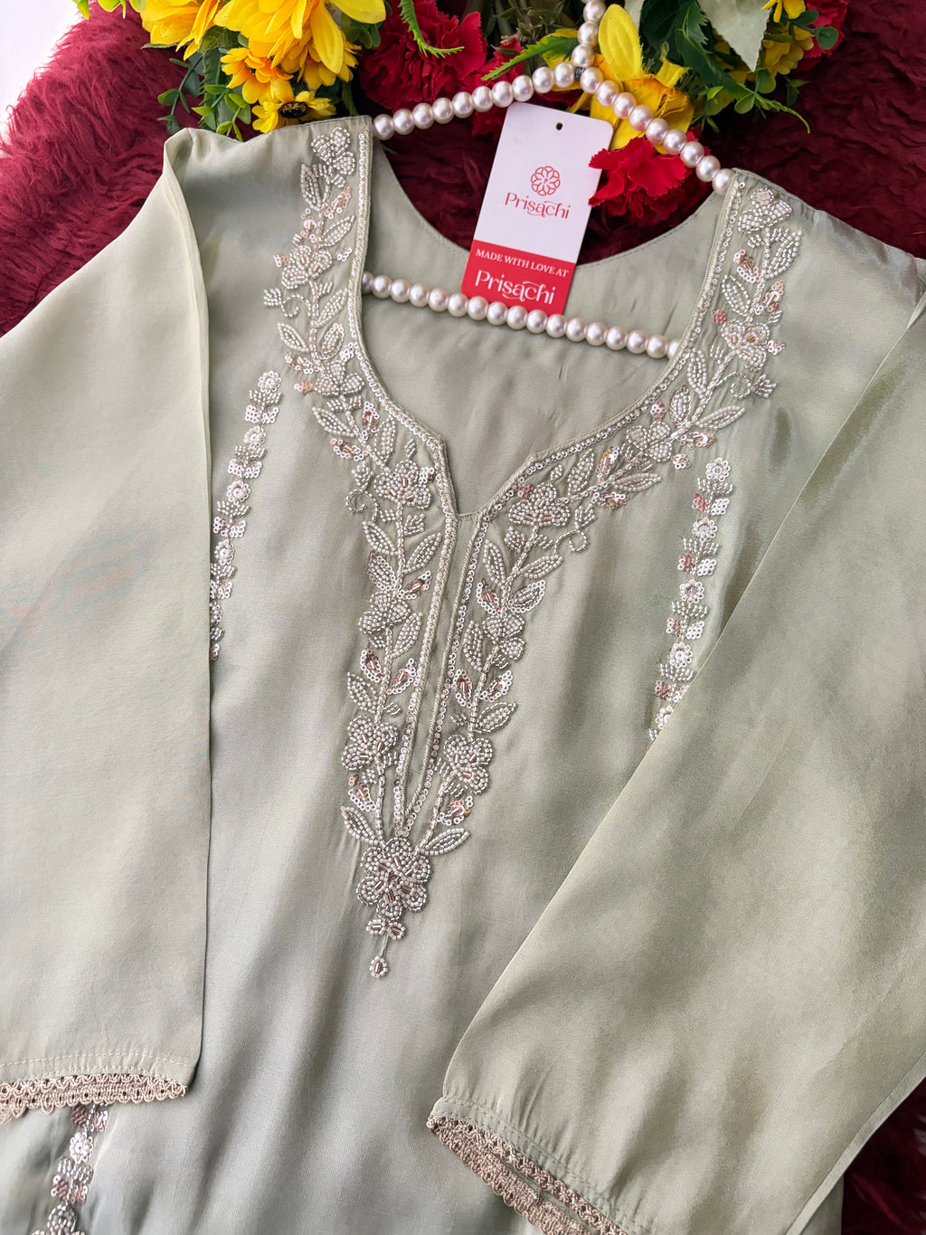 Sage Green Embroidered Kurta Set with Wide-Leg Pants & Dupatta | Festive & Party Wear Ethnic Sharara Set